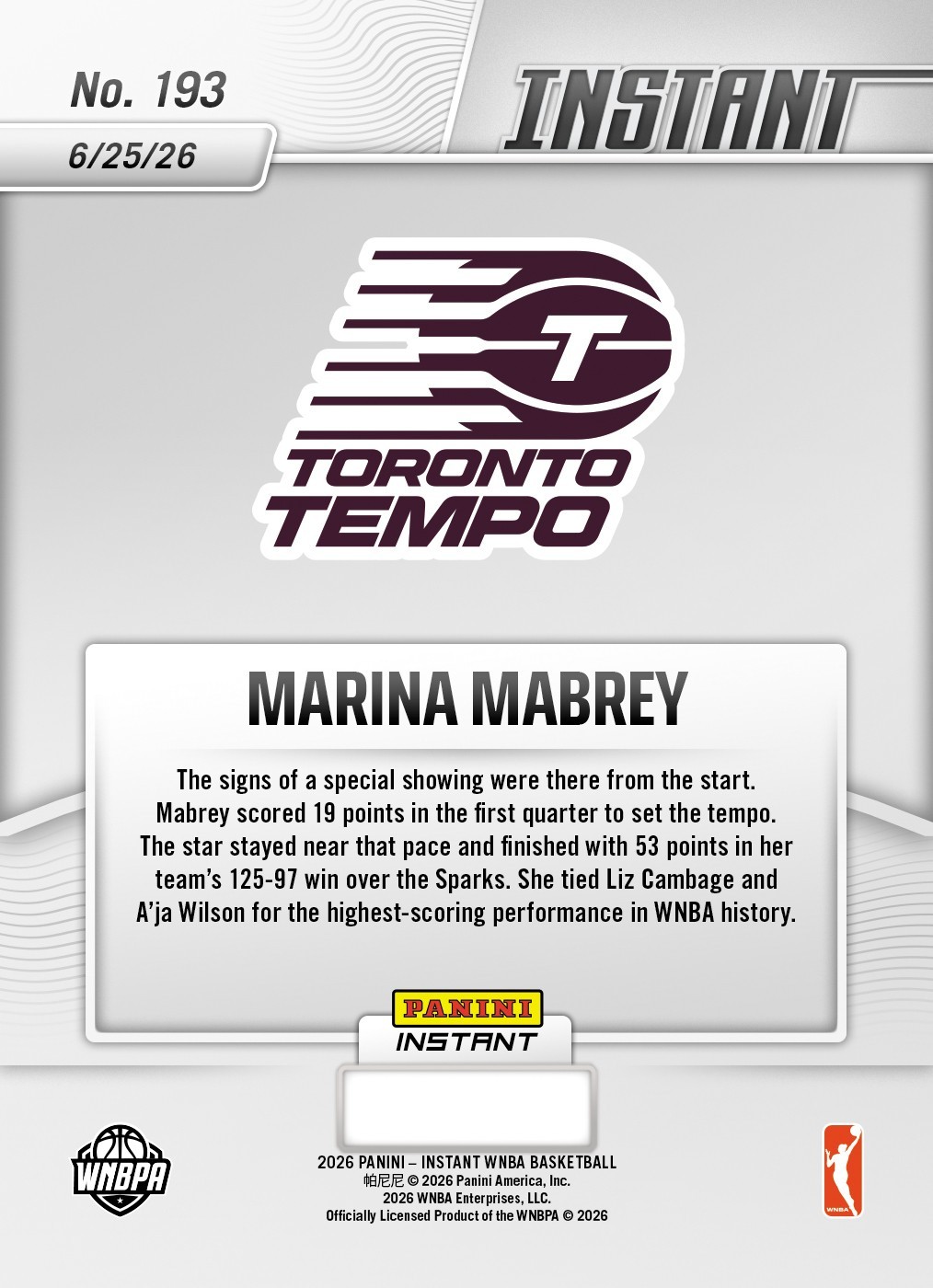 2026 Panini Instant WNBA #193 Marina Mabrey Toronto Tempo PRESALE