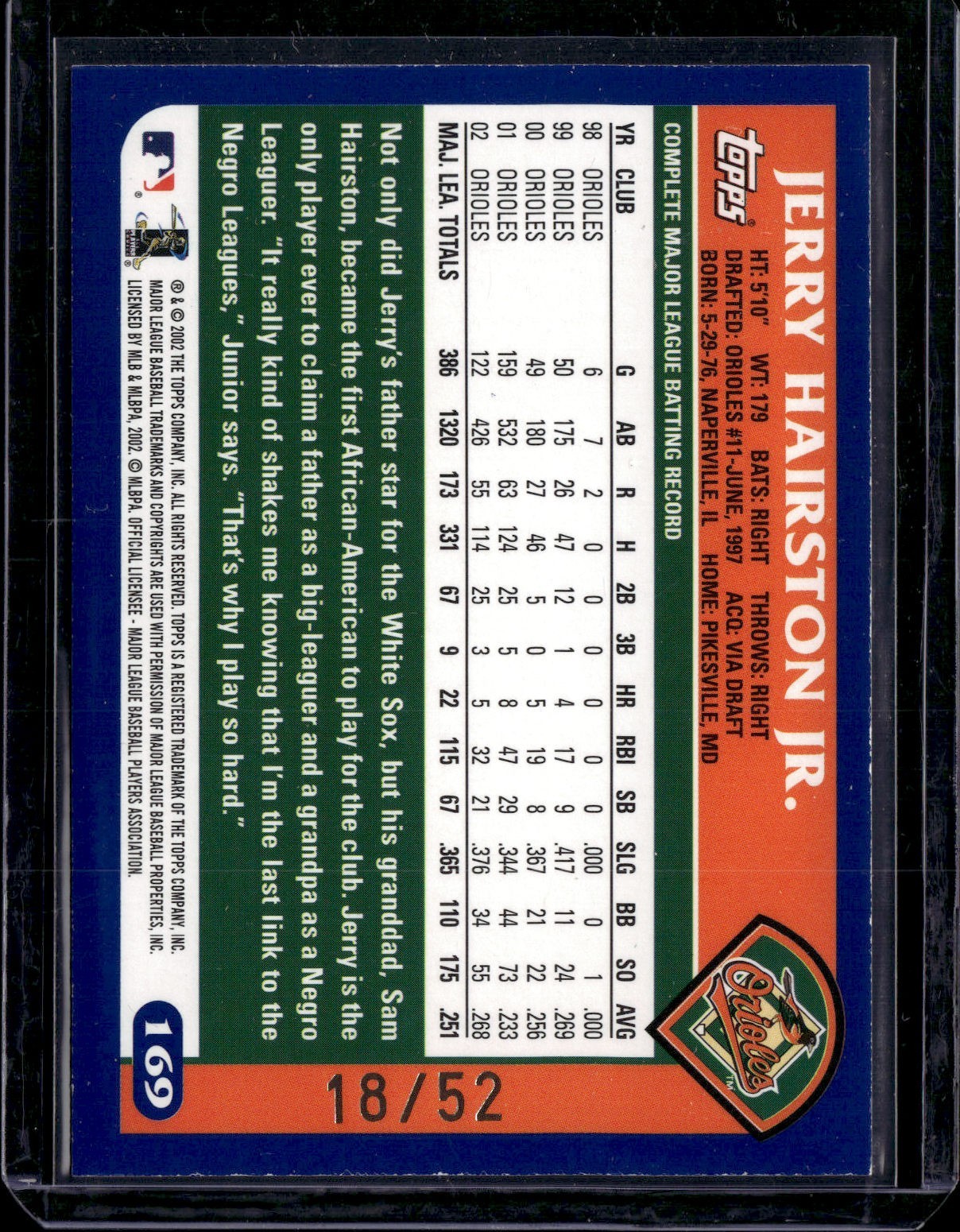 2003 TOPPS BLACK FOIL BORDER PARALLEL #169 JERRY HAIRSTON JR ORIOLES RARE #/52