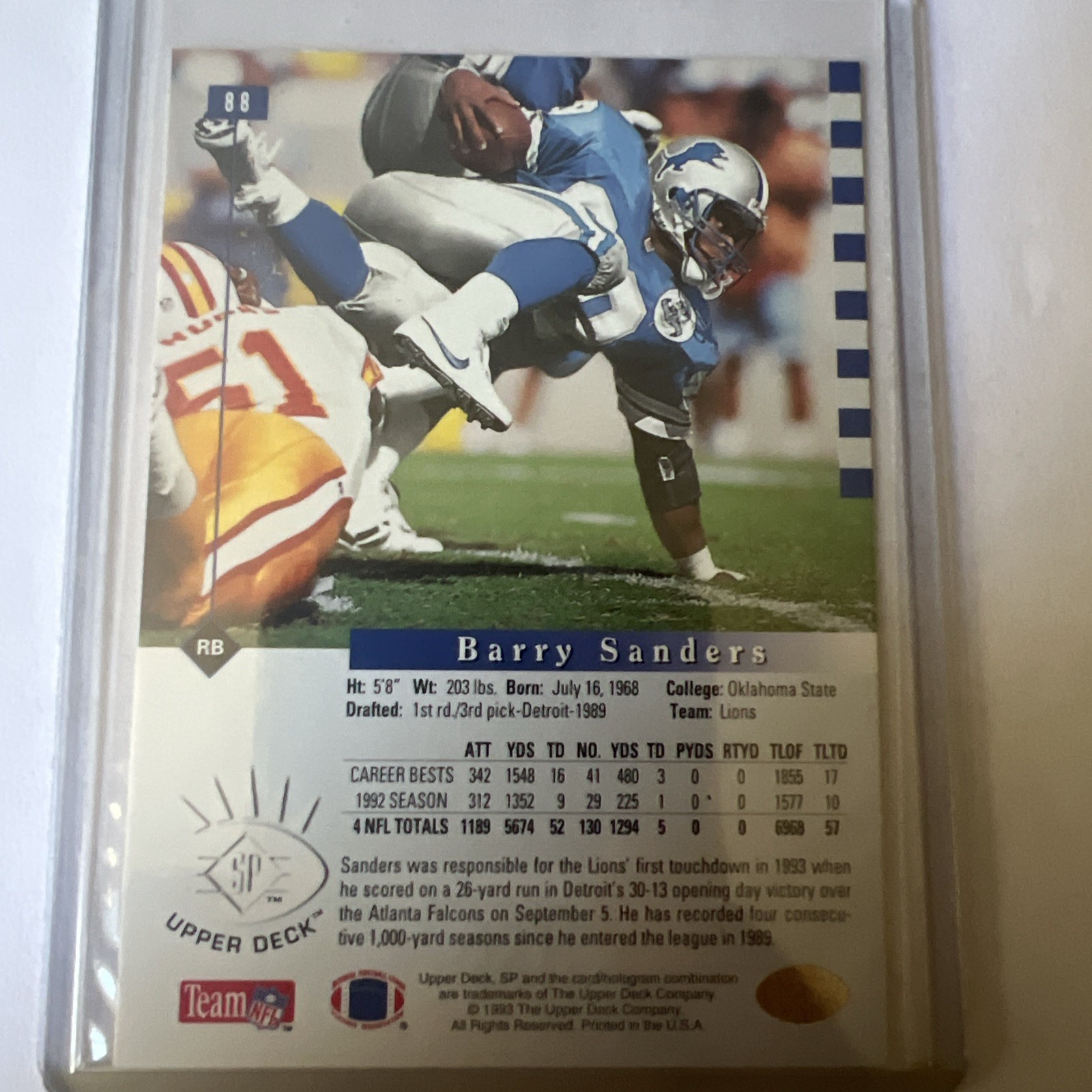 1993 UPPER DECK SP BARRY SANDERS #88 BASE CARD DETROIT LIONS