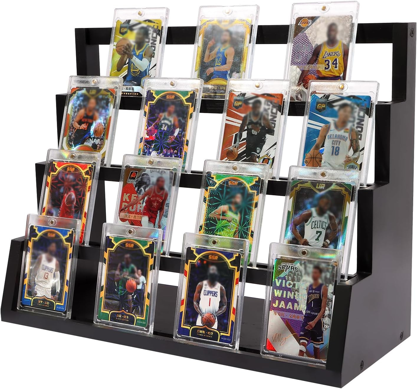 4-Tier Graded Trading Baseball Football Sports Card Display Case,Wooden Card Dis