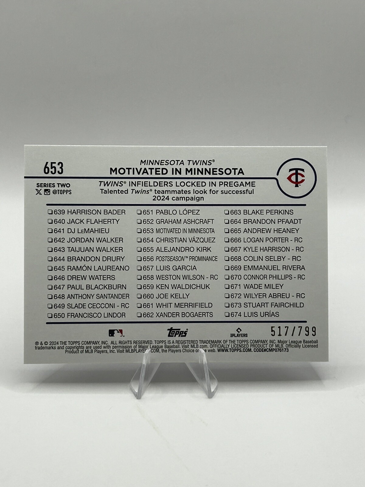 2024 Topps Series 2 Motivated in Minnesota Purple Foil /799 Twins Correa Lewis