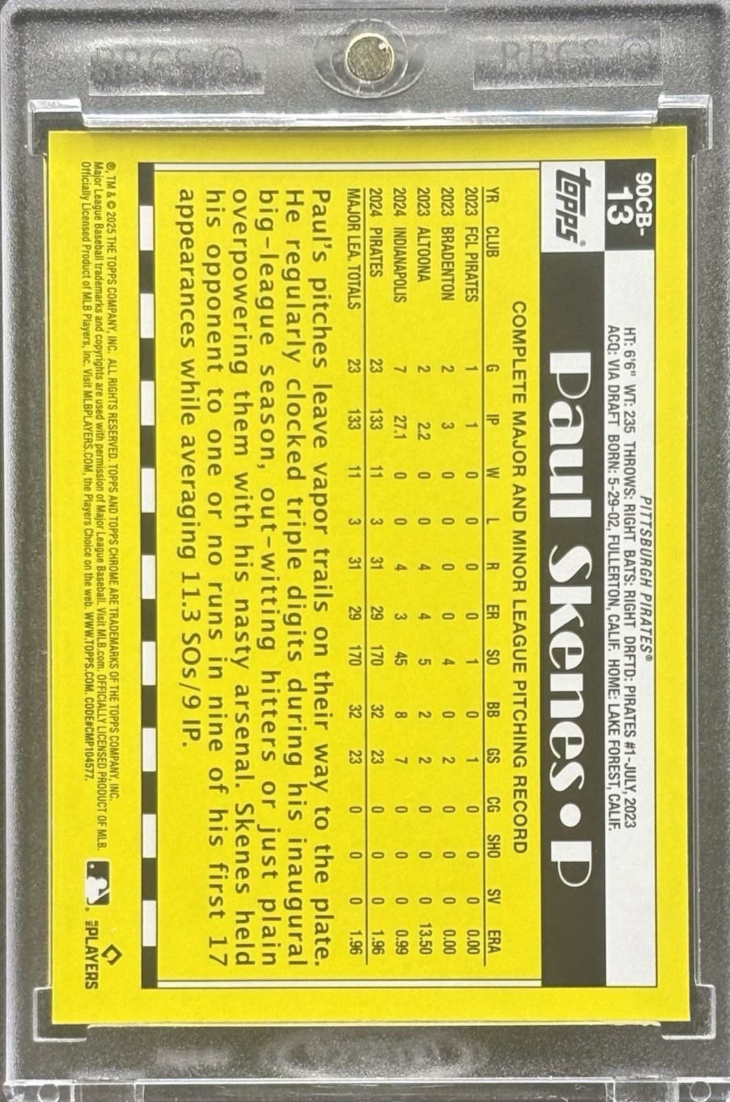 Paul Skenes RARE ROOKIE CUP REFRACTOR TOPPS CHROME INVESTMENT CARD MINT