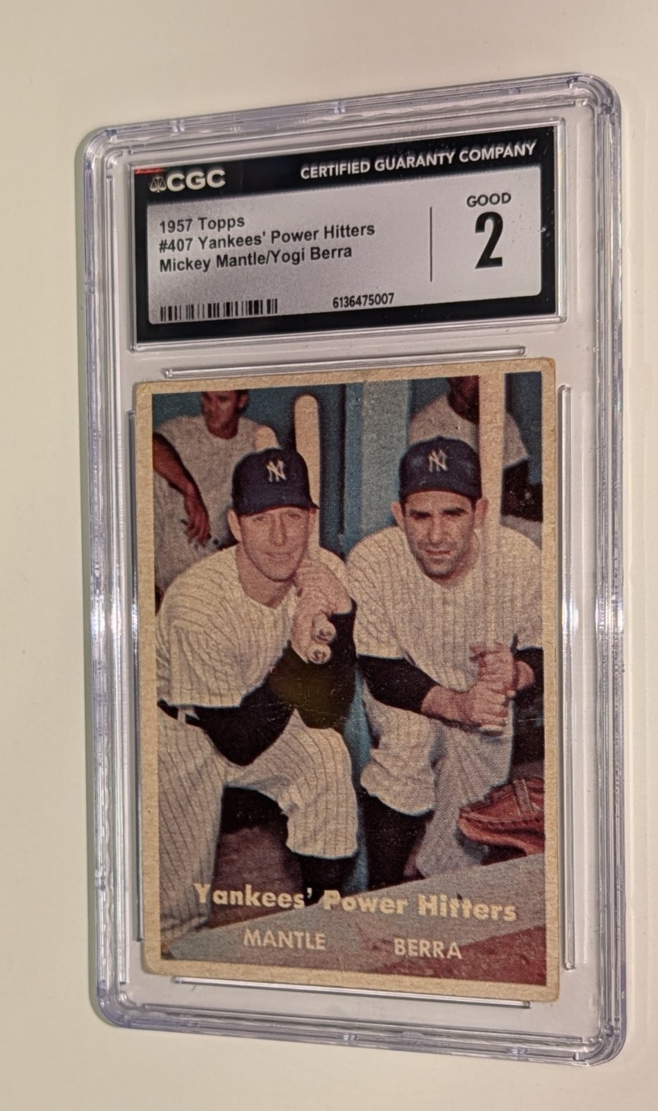 1957 Topps #407 Mickey Mantle Yogi Berra Yankees’ Power Hitters CGC 2 Good