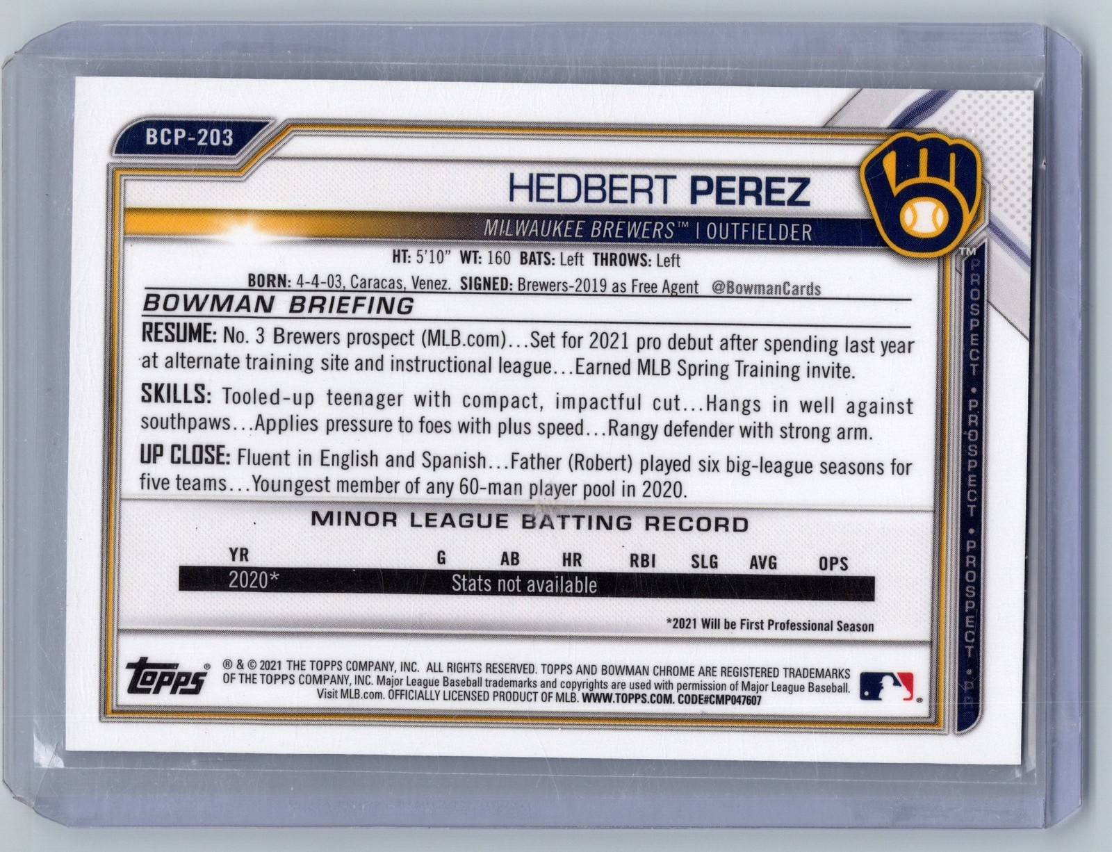 2021 Bowman Chrome #BCP-203 Hedbert Perez Prospects Speckle Refractor #/299