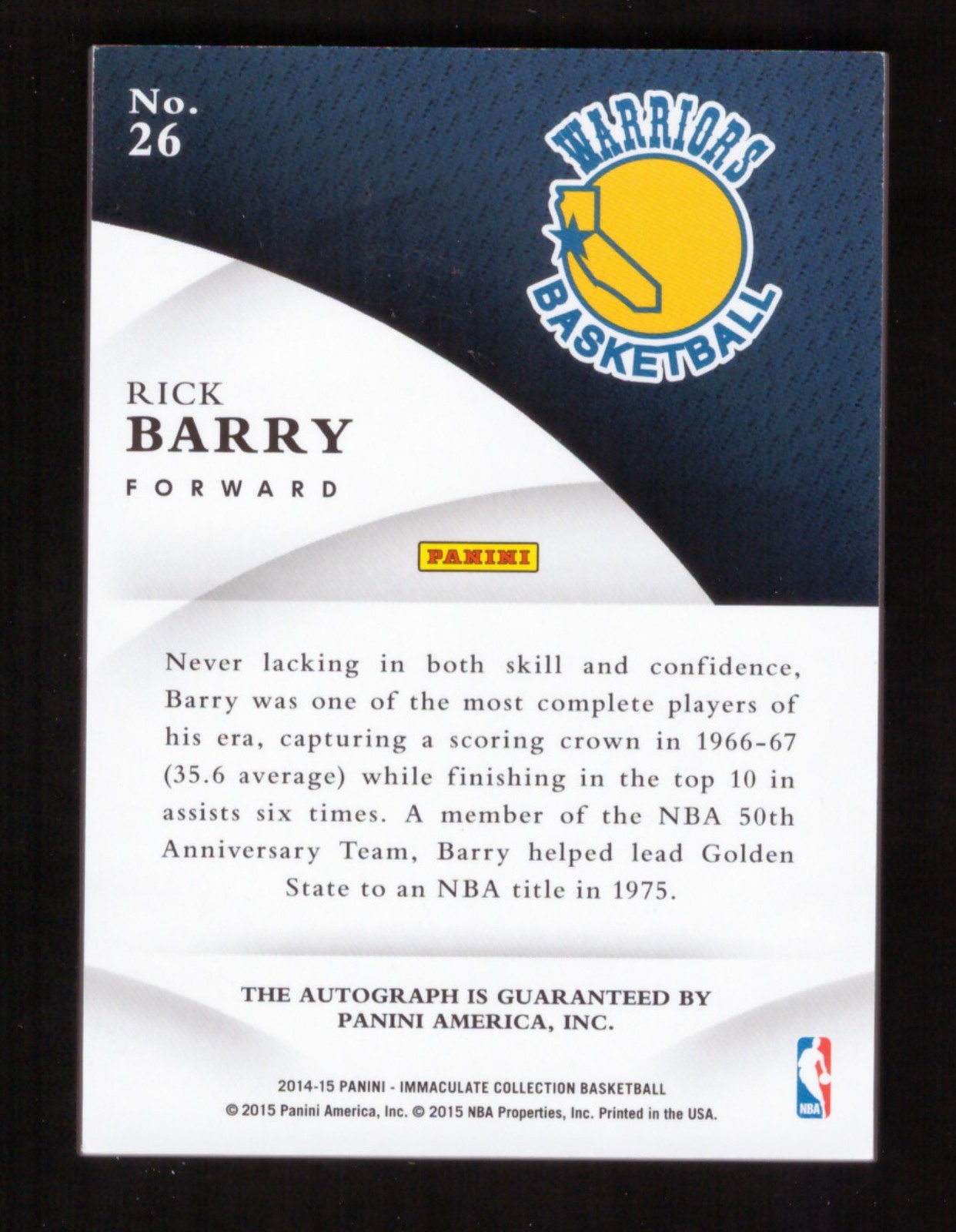 2014-15 Panini Immaculate Collection INK #26 Rick Barry Auto Ruby 16/25