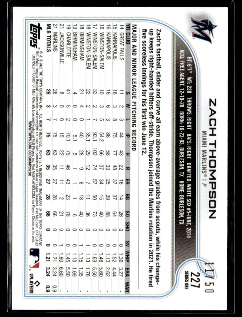 2022 Topps 1st Edition Red Foil Zach Thompson Rookie /50 Marlins #227