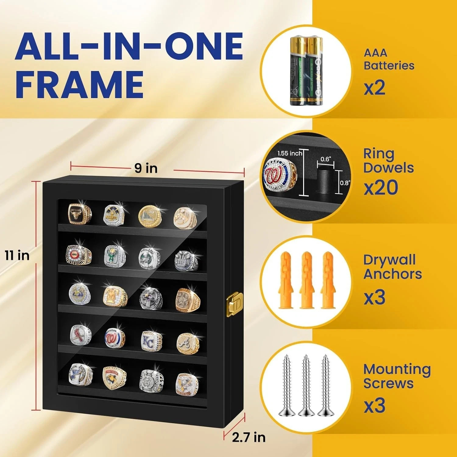 Championship Ring Display Case – 20 Ring Posts Baseball Ring Holder with LED Lig