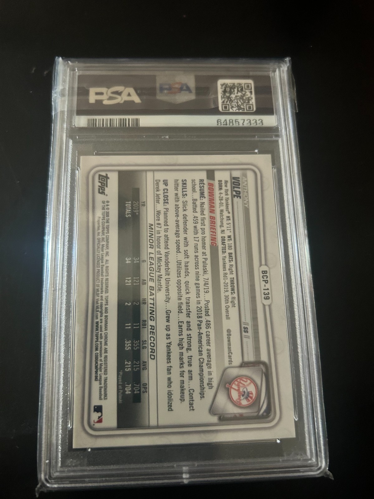 2020 Bowman Chrome Sapphire Edition Anthony Volpe #BCP-139 PSA 9 MINT