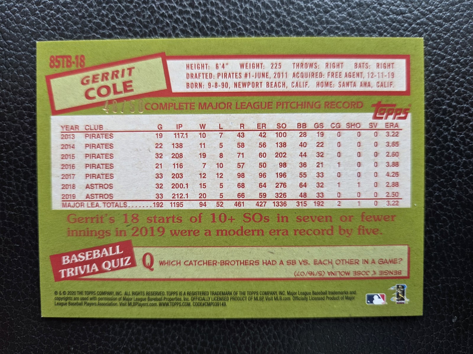 2020 Topps #85TB-18 Gerrit Cole 85 Topps Baseball 35th Anniversary Gold #/50