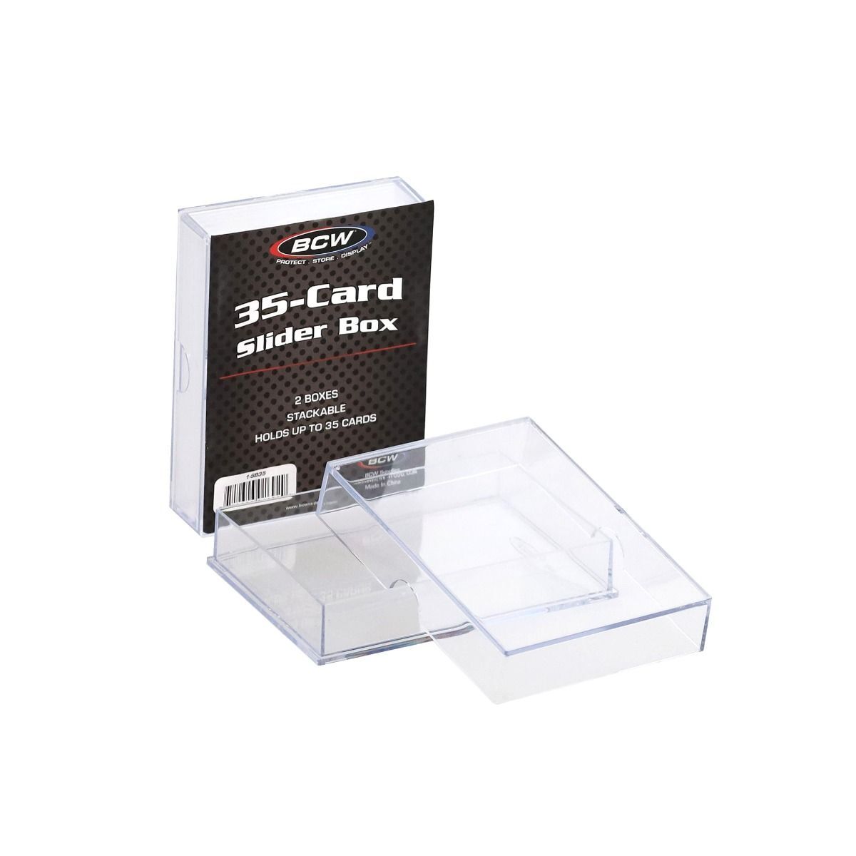 15 packs of 2 (30) BCW 2-Piece Slider Boxes. Holds 35 Standard Sized Cards.
