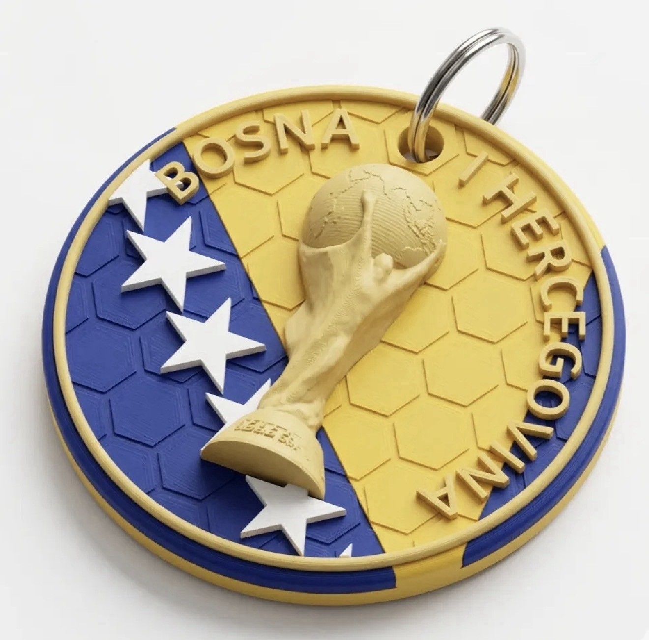 Bosnia and Herzegovina Soccer Keychain Round Key Ring Gold Trophy Design