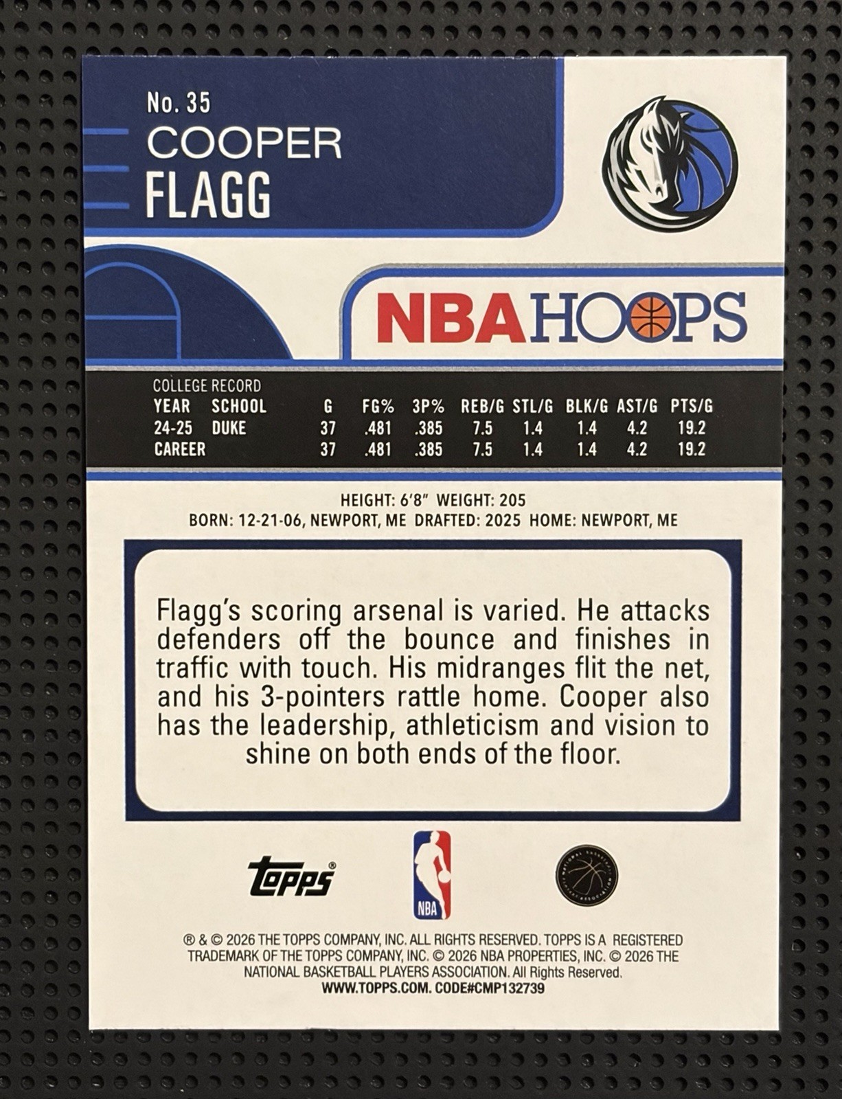 Cooper Flagg 2025 Topps NBA Hoops Rookie #35 Rainbow Foil Dallas Mavericks RC