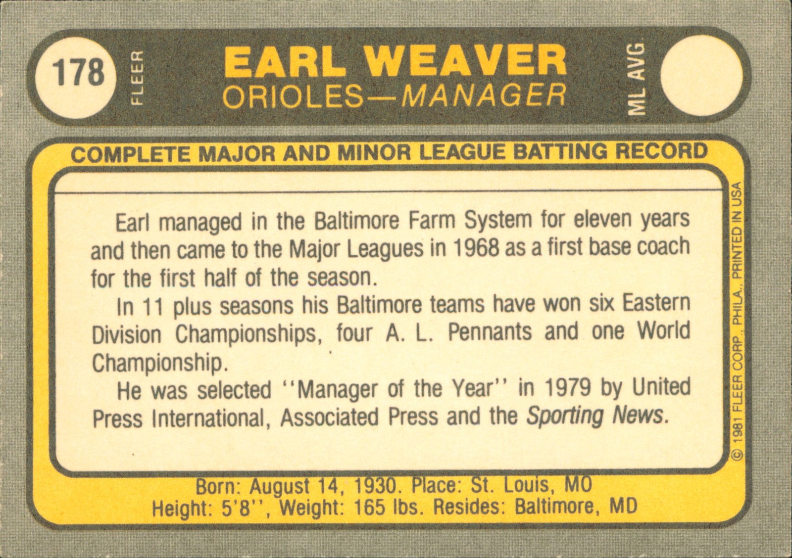 1981 Fleer #178 Earl Weaver