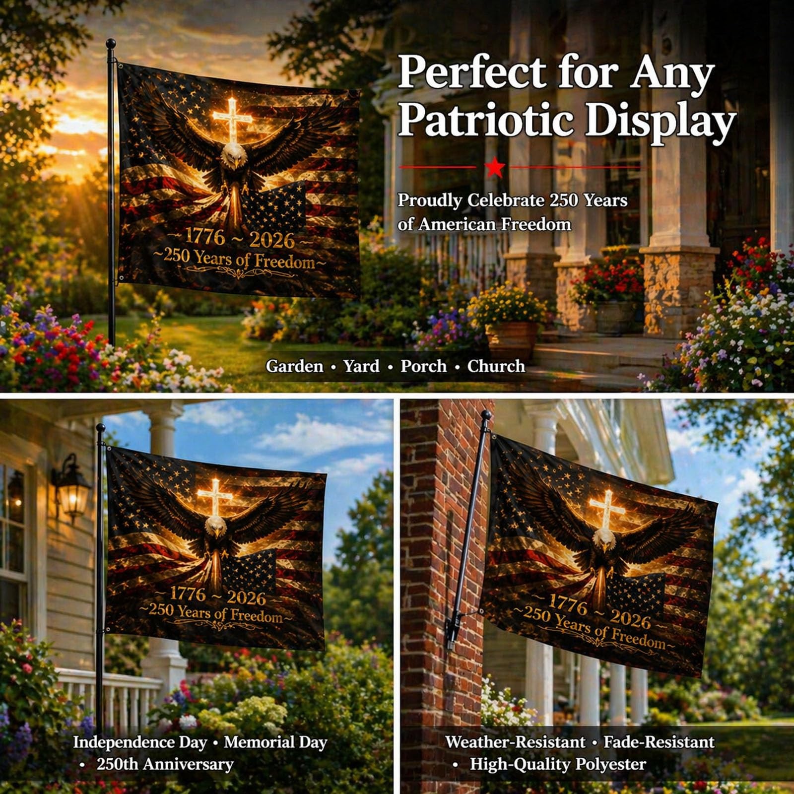 250th Anniversary USA Double Sided 3-Ply Flag for outside,We The 3×5 ft, Gold