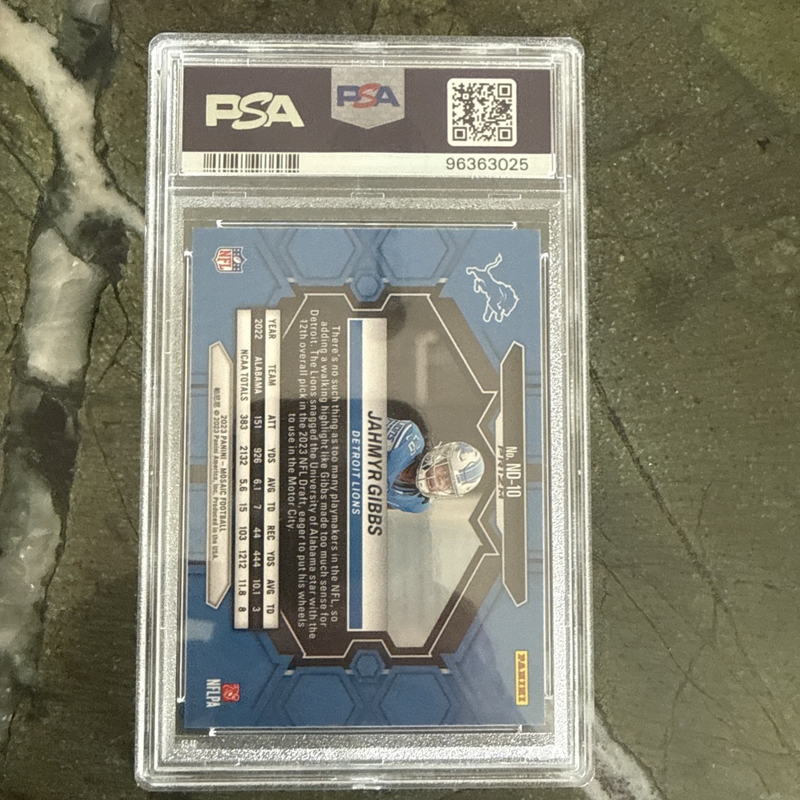 2023 Panini Mosaic – Nfl Debut Jahmyr Gibbs #ND-10 Reactive Blue Mosaic Prizm RC