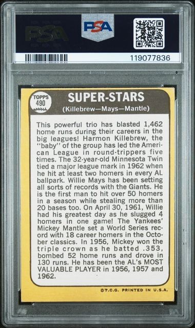 1968 Topps #490 “Super Stars” w/ Mickey Mantle & Willie Mays – PSA Authentic