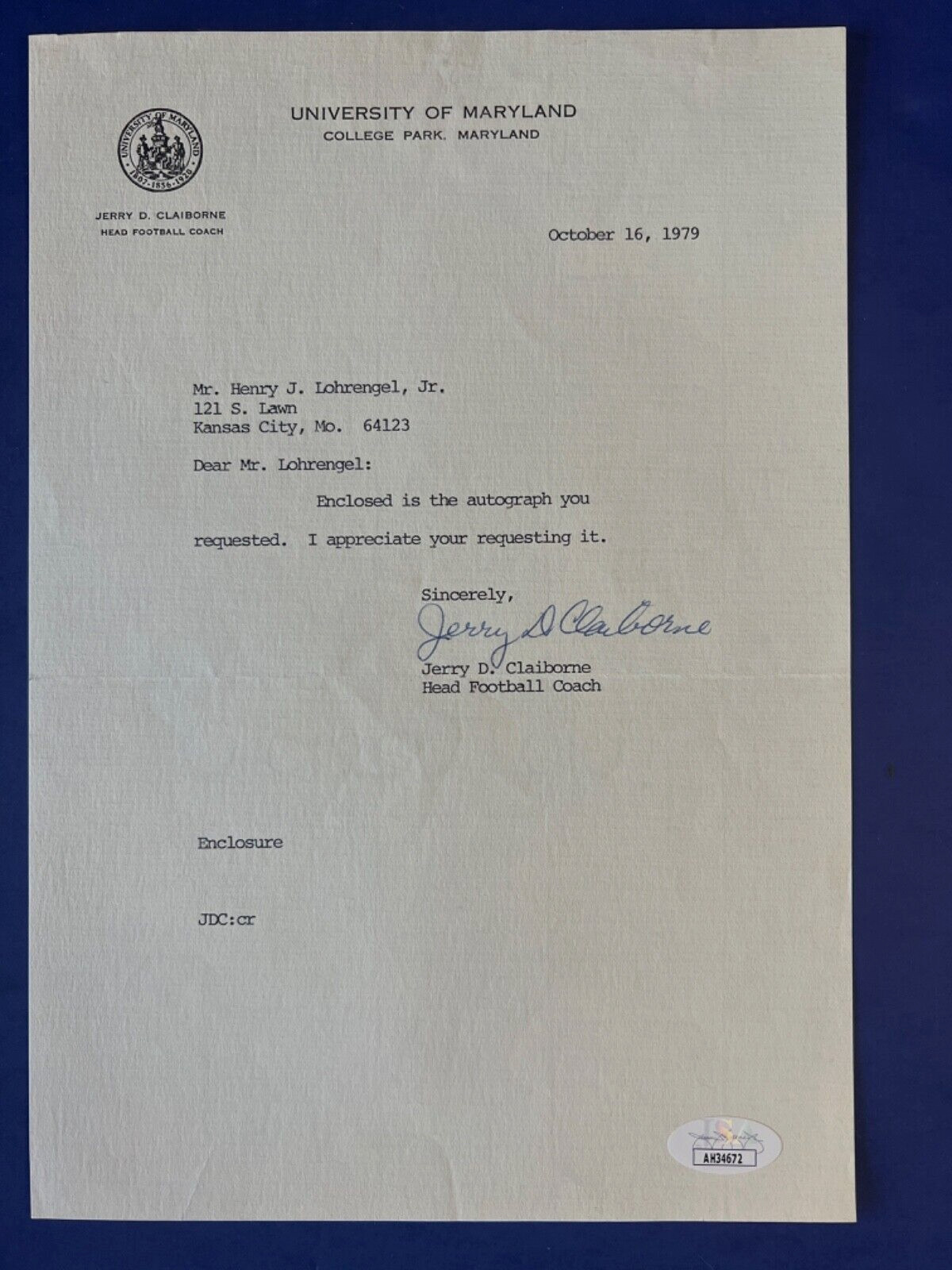 Jerry Clairborne Signed 7.25×10.5 University Of Maryland Letter 1979 JSA COA