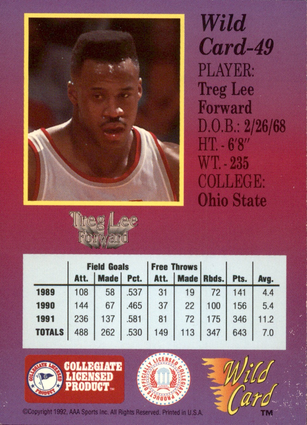 1991-92 Wild Card Treg Lee #49 AAA Sports 1st Edition