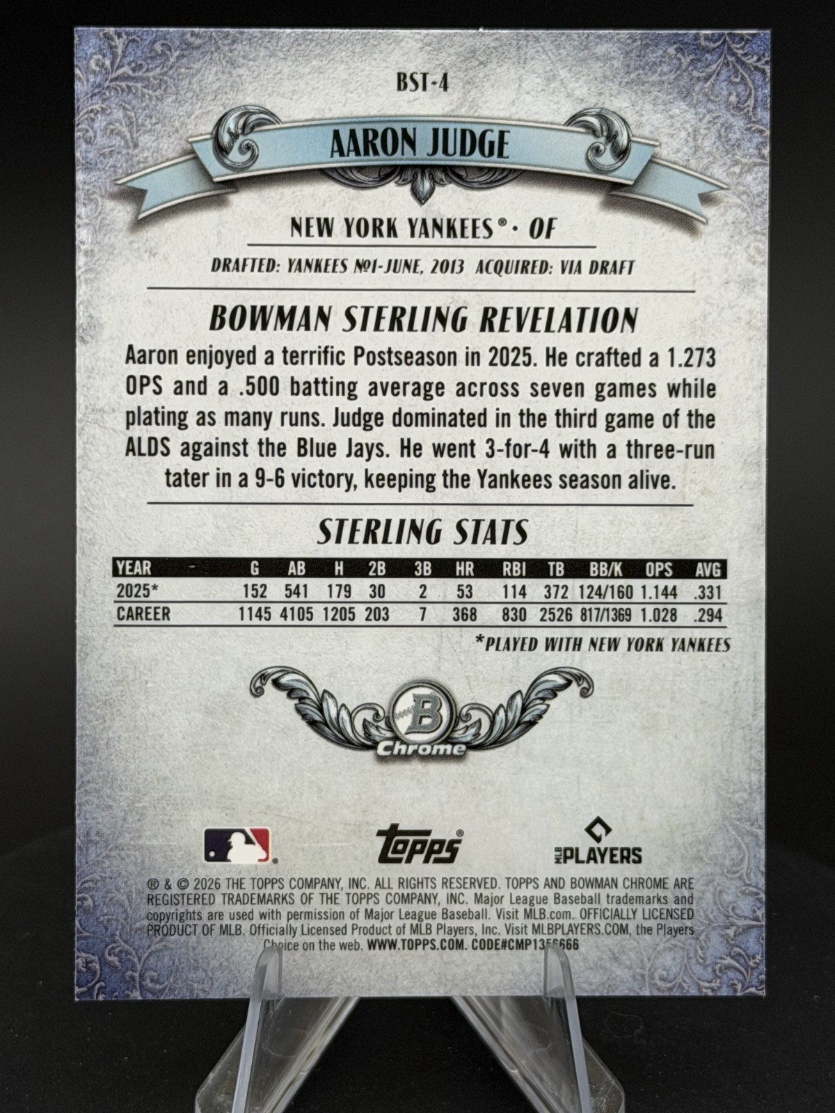 Aaron Judge 2026 Bowman Chrome #BST-4 Bowman Sterling – Mojo Refractor – Yankees
