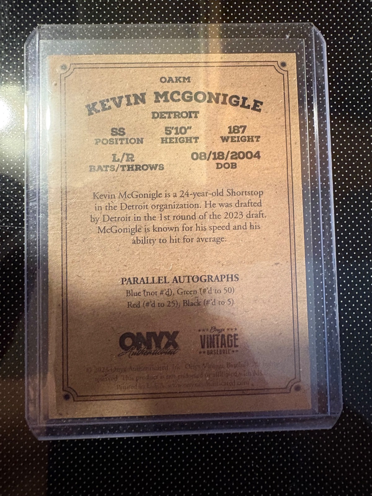 2023 kevin McGonigle onyx vintage Baseball on card auto red /25.