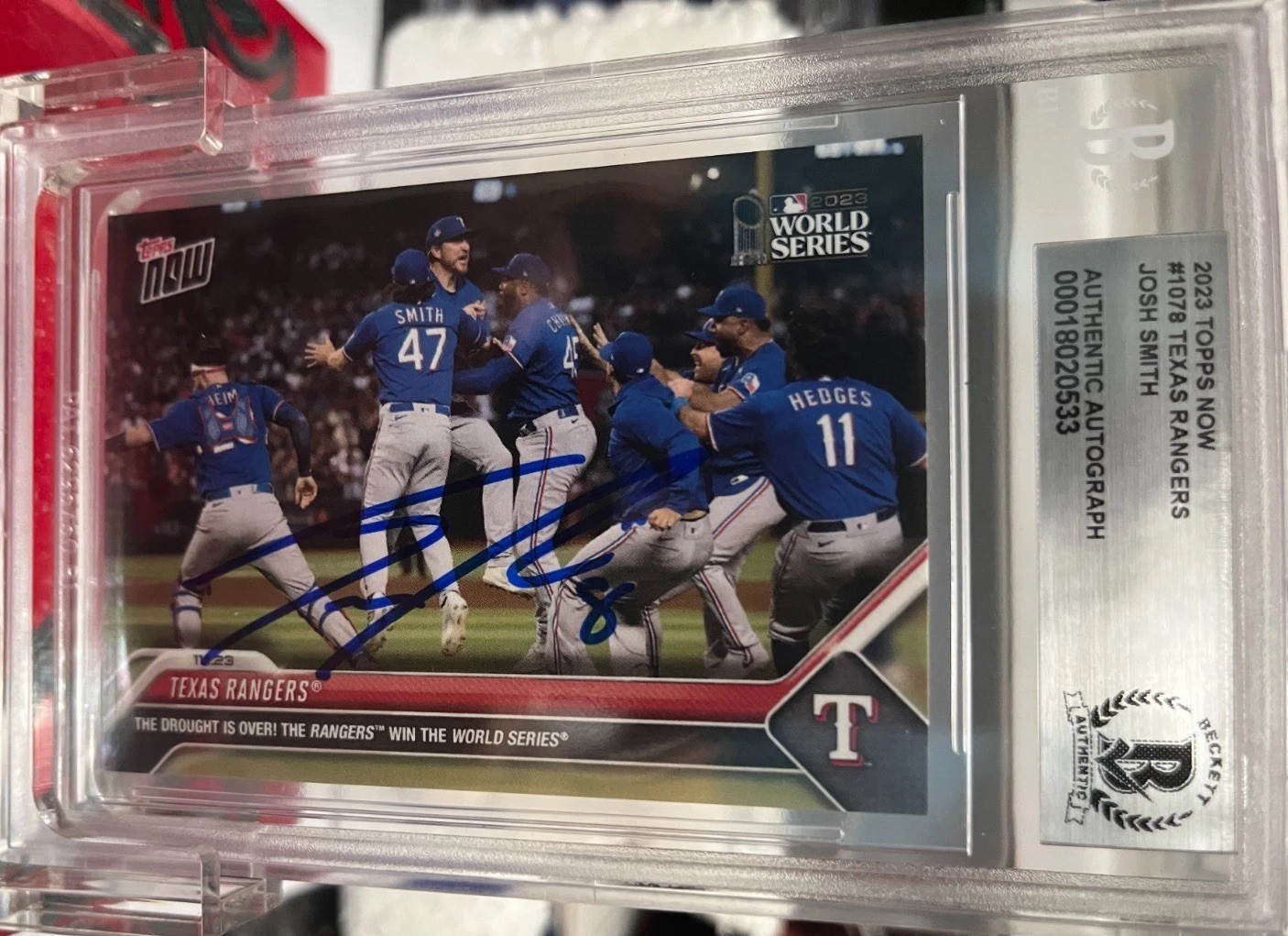 TX Rangers Win First World Series 2023 Topps Now 1078 Josh Smith Auto BAS COA