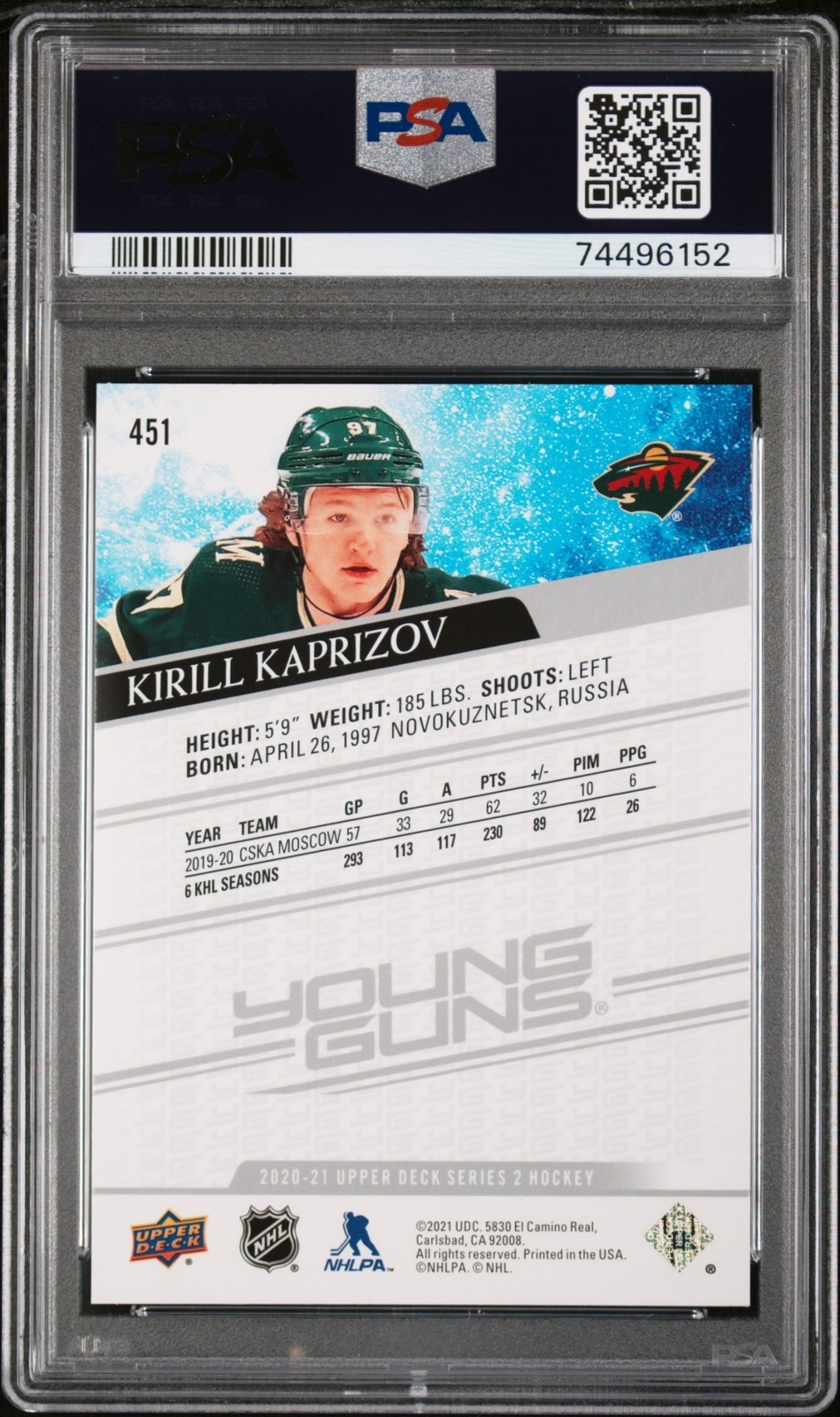 2020-21 Upper Deck Hockey Kirill Kaprizov #451 Young Guns PSA 9