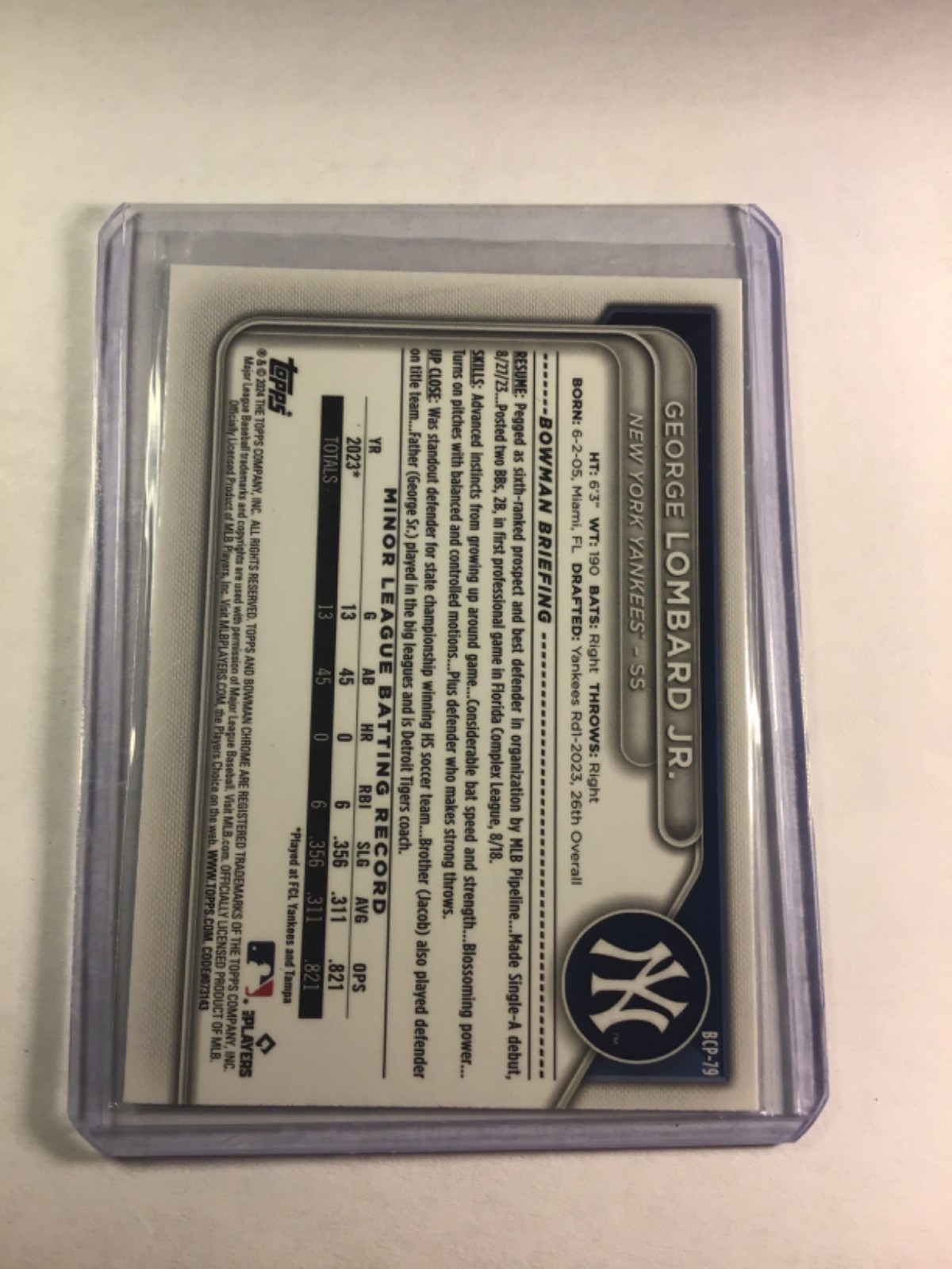 2024 Bowman George Lombard Jr. Chrome Aqua Shimmer Refractor 1st #/125 Yankees