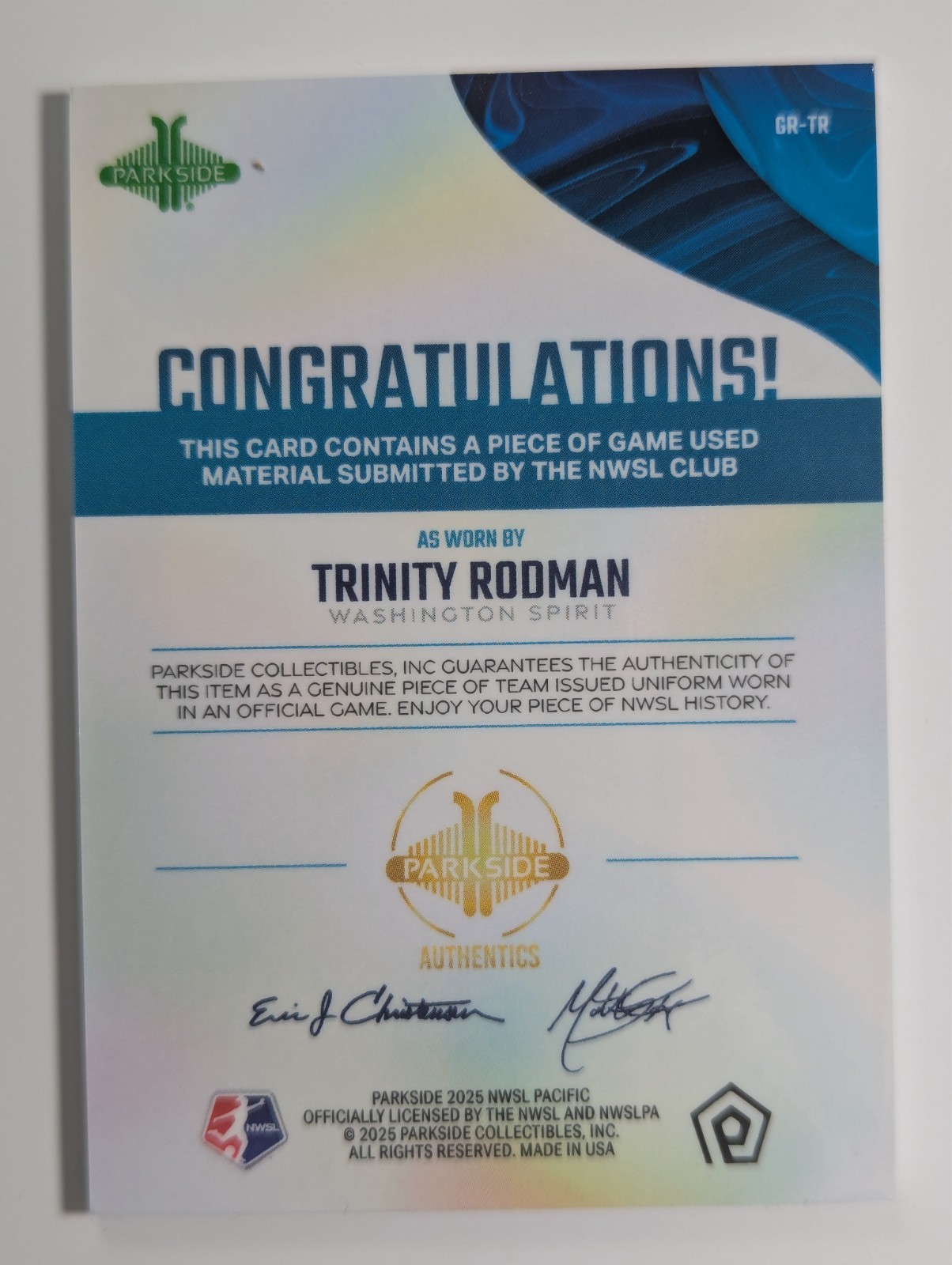 2025 Parkside NWSL Pacific Trinity Rodman Game Worn Relic QTY