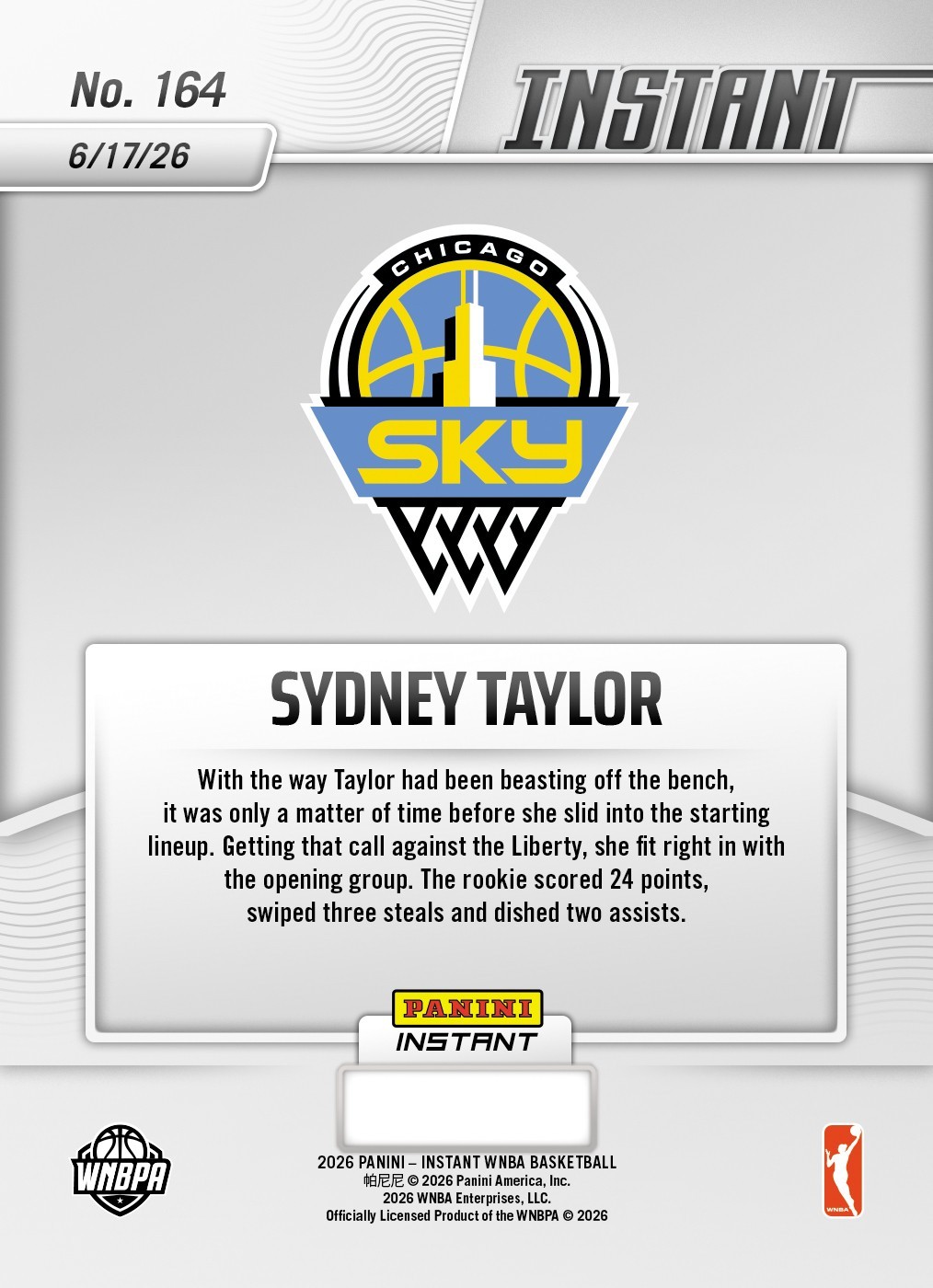 2026 Panini Instant WNBA #164 Sydney Taylor Chicago Sky RC PRESALE