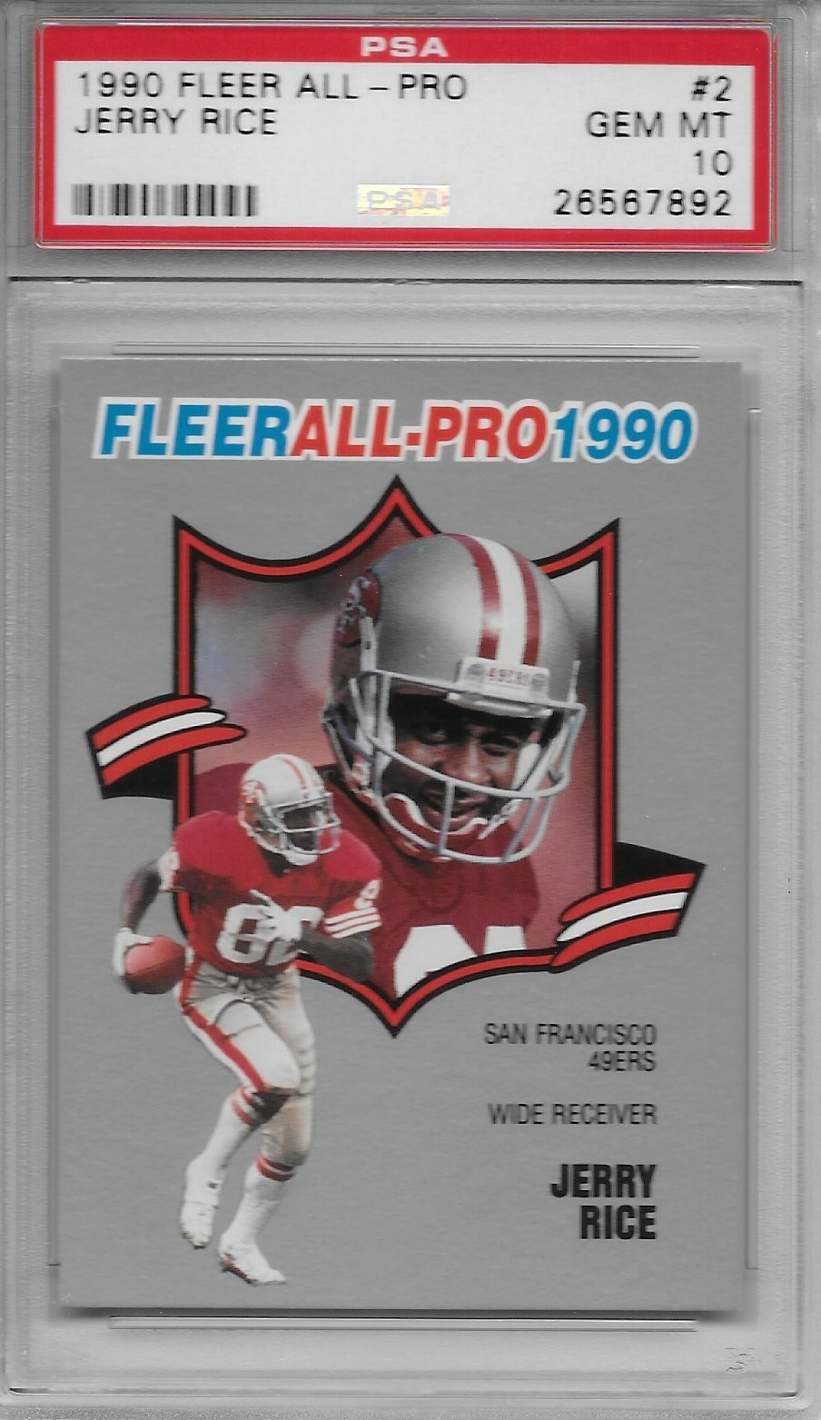 1990 FLEER ALL-PRO # 2 JERRY RICE (RARE) SAN FRANCISCO 49ERS PSA 10 GEM-MINT