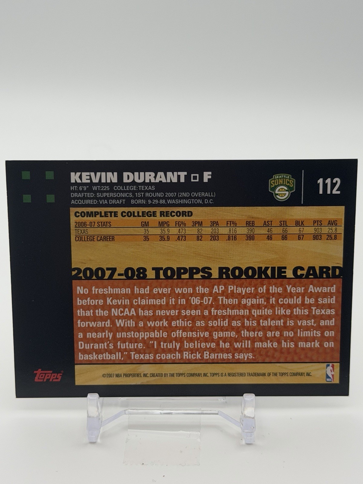 2007-08 Topps Kevin Durant #112 Rookie RC SuperSonics