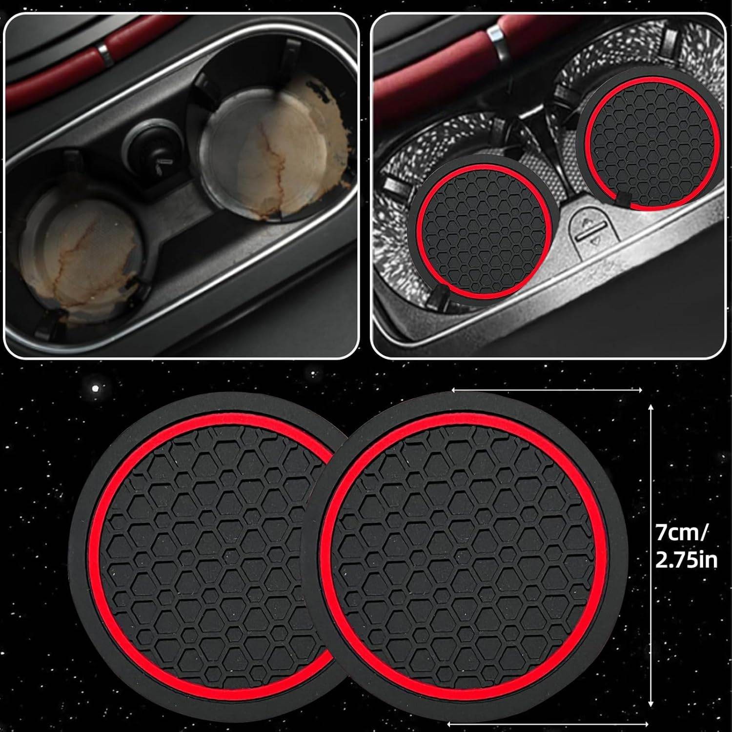 Car Steering Wheel Cover Seat Belt Pads Armrest Pad Cup Holder Mats Red Black