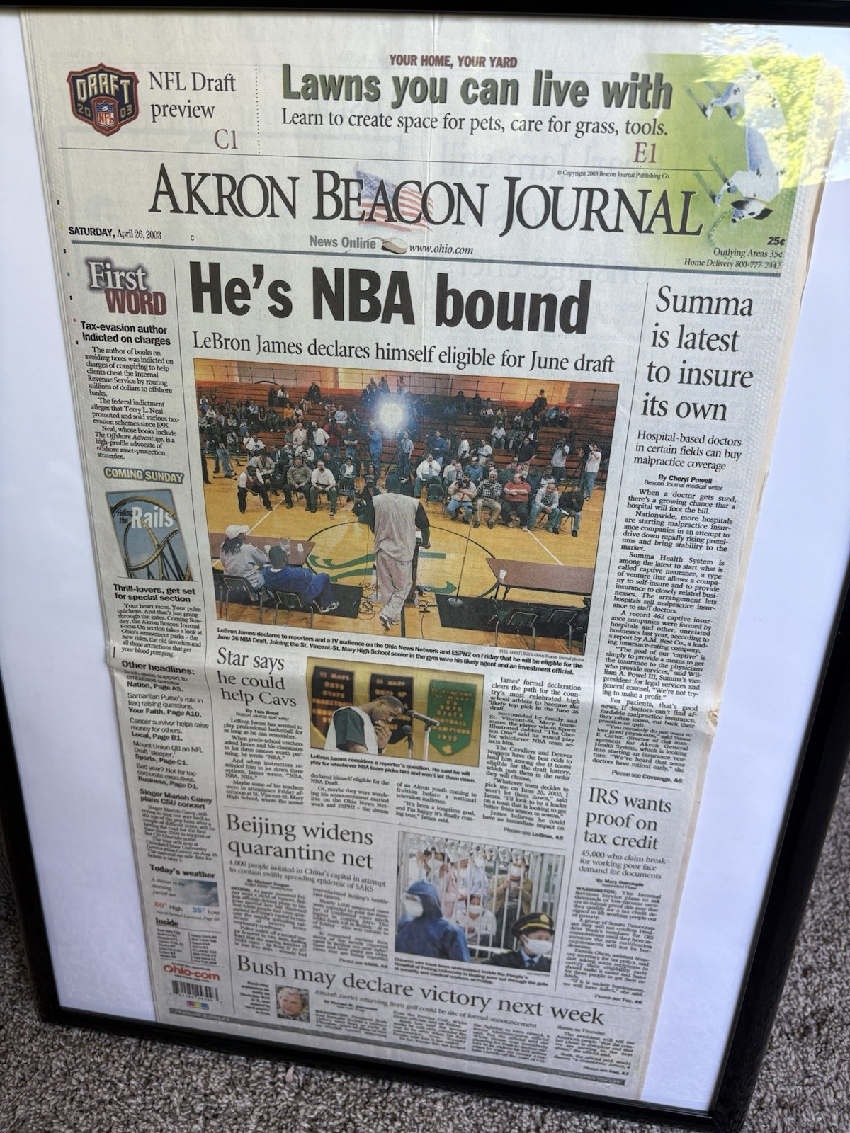 LEBRON JAMES 2003 NBA DRAFT DECISION AKRON BRACON NEWSPAPER 4/26/2003 FRAMED