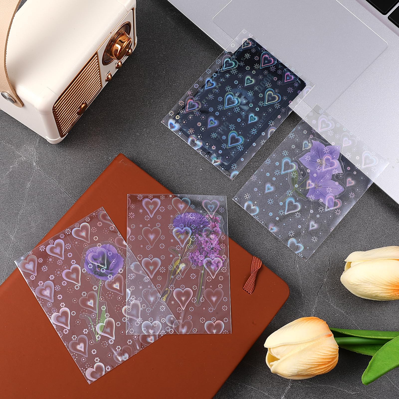 YBEATY 200 Pcs Laser Flashing Holographic Photo Card Sleeves Love Heart-Shape…