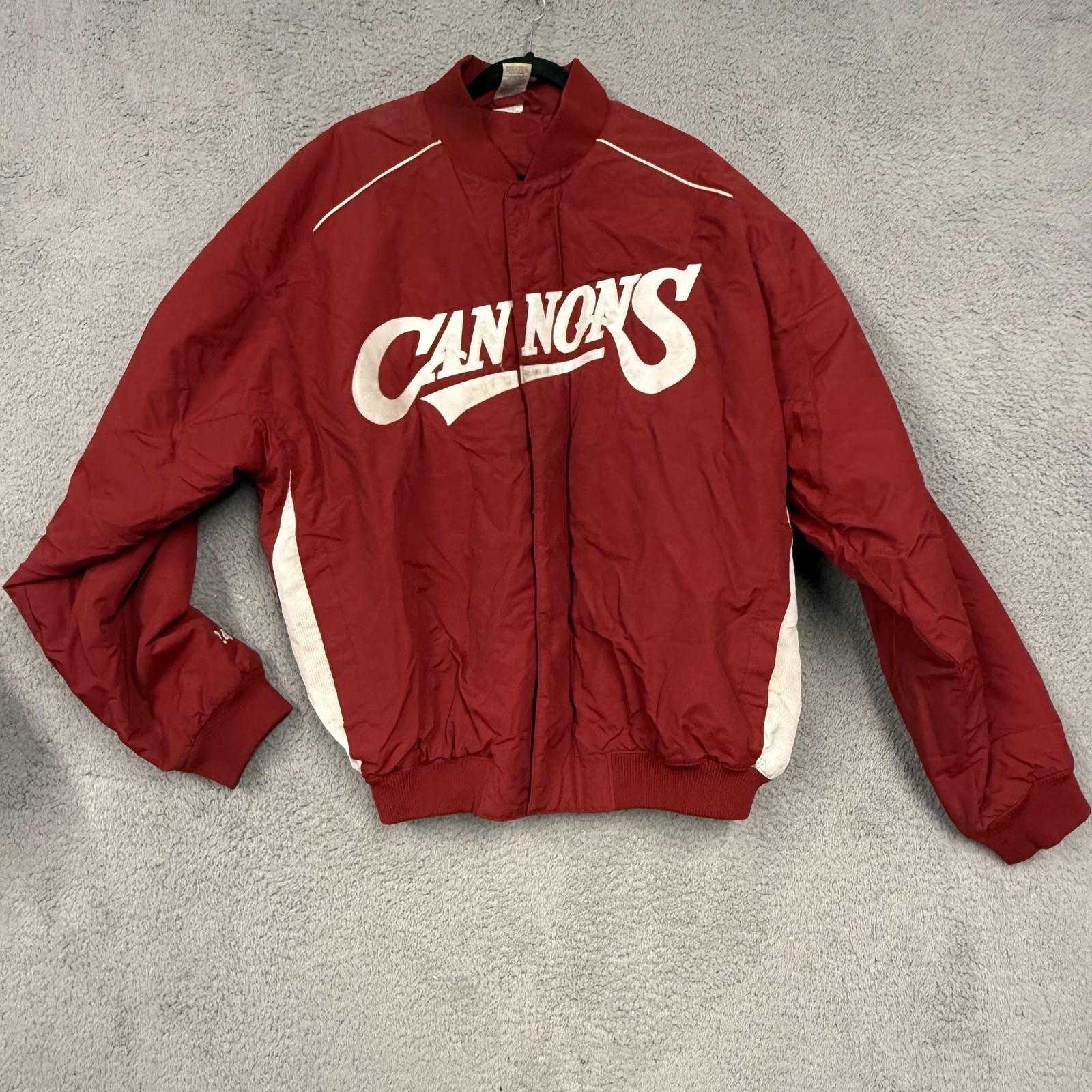 Cannons Jacket Mens XL Red White Quilted Lined Snap Front Baseball Number 24