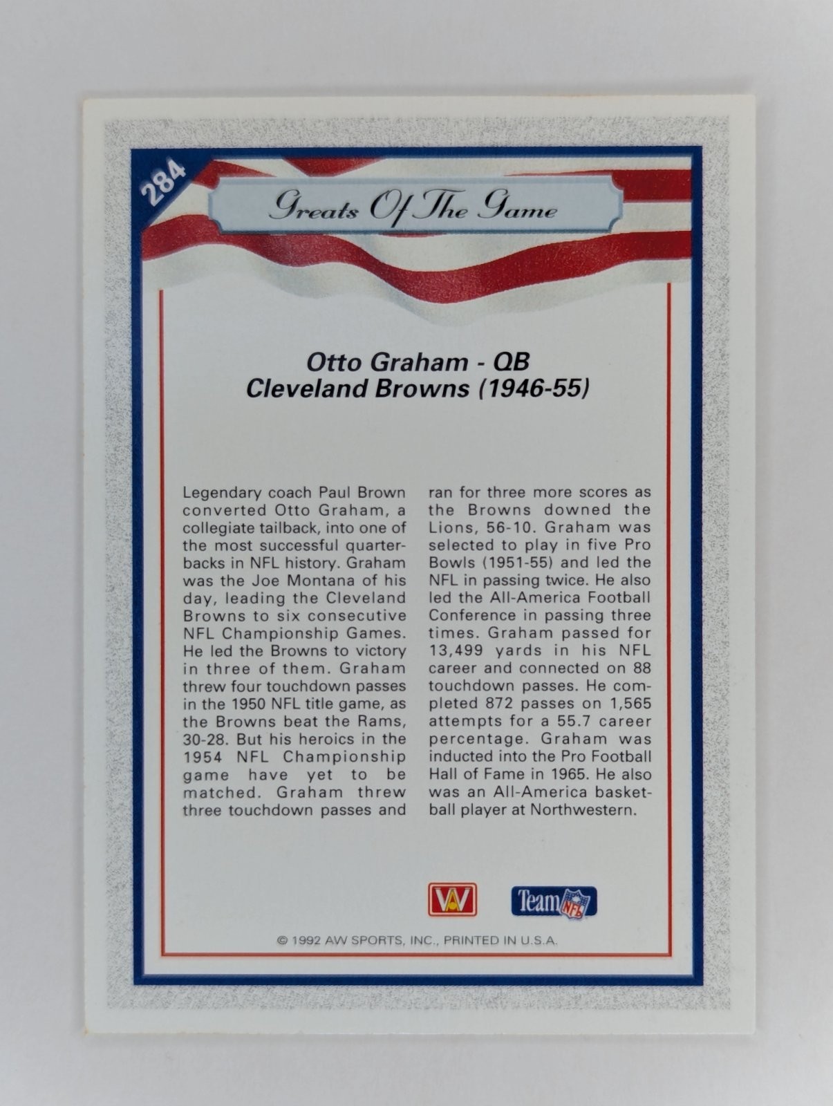 1992 All World #284 Otto Graham – On-Card Auto w/ Auto Event Ticket