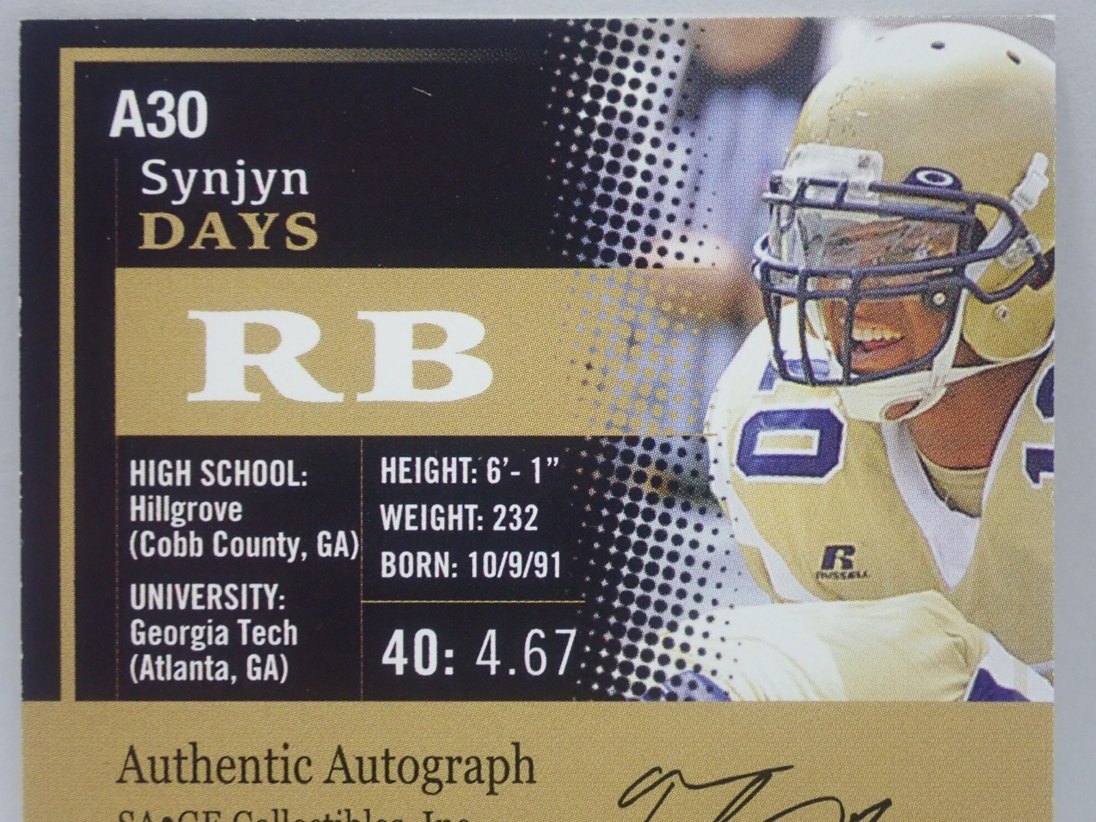 SYNJYN DAYS AUTO PRE-ROOKIE A30 2015 SAGE HIT FOOTBALL AUTOGRAPH CARD