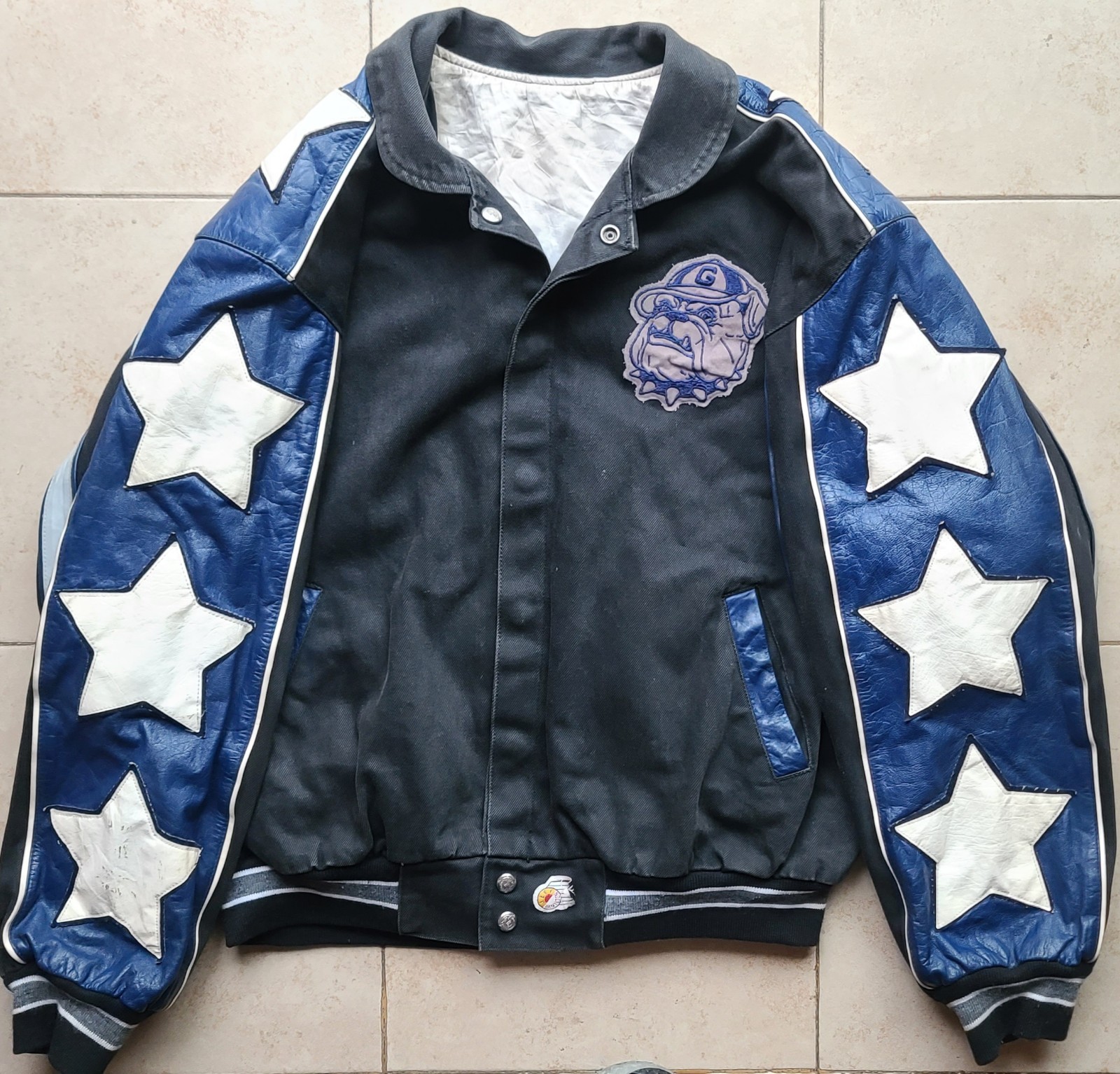 Georgetown Hoyas 90s JEFF HAMILTON bomber LEATHER jacket L navy blk NCAA vintage