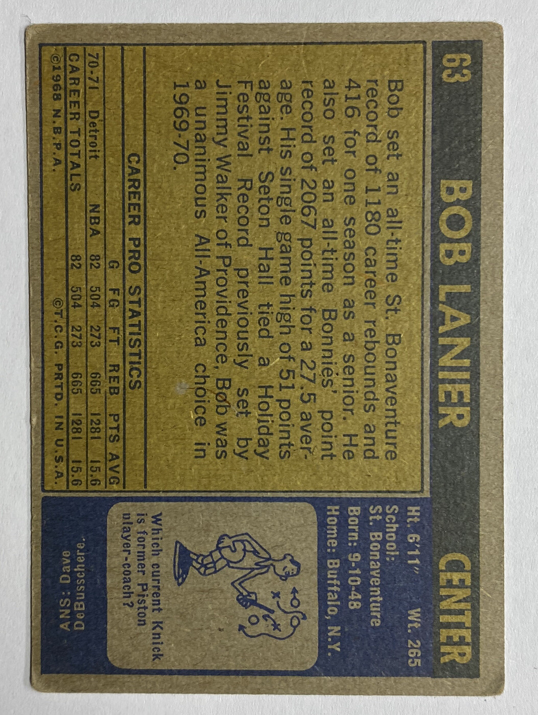 1971-72 Topps Basketball #63 Bob Lanier Rookie (VG)