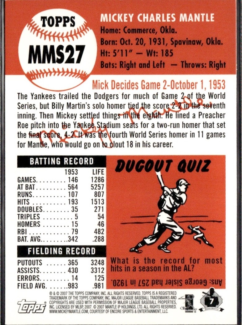2007 Topps – Mickey Mantle Story Mickey Mantle #MMS27
