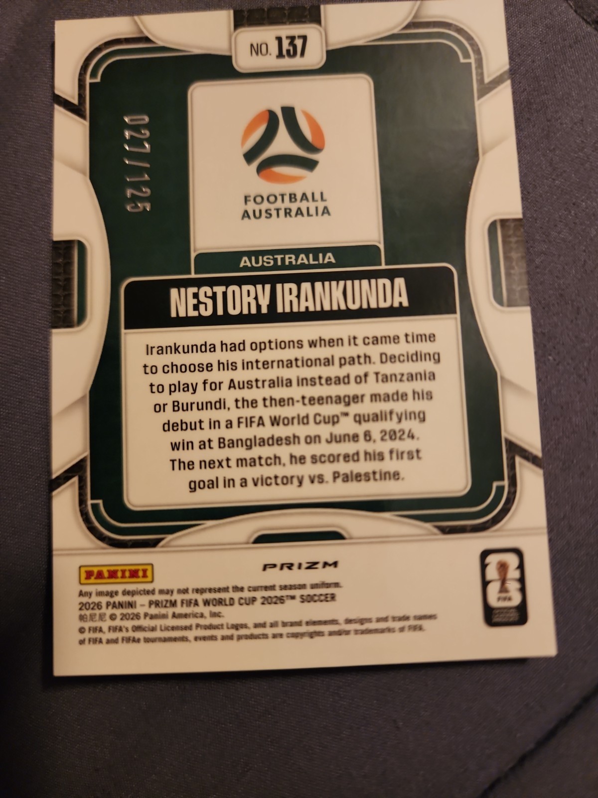 2026 Prizm FIFA World Cup #137 Nestory Irankunda Australia RC Orange Wave /125