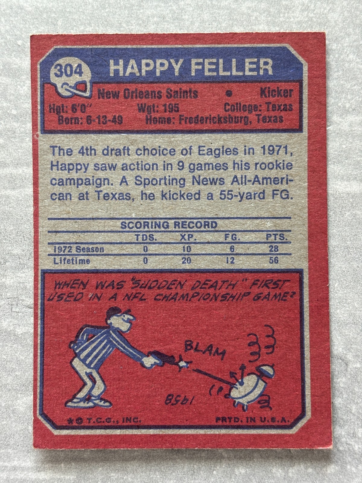 1973 Topps HAPPY FELLER NFL Football’s Funniest Happiest Name Real Trading Card