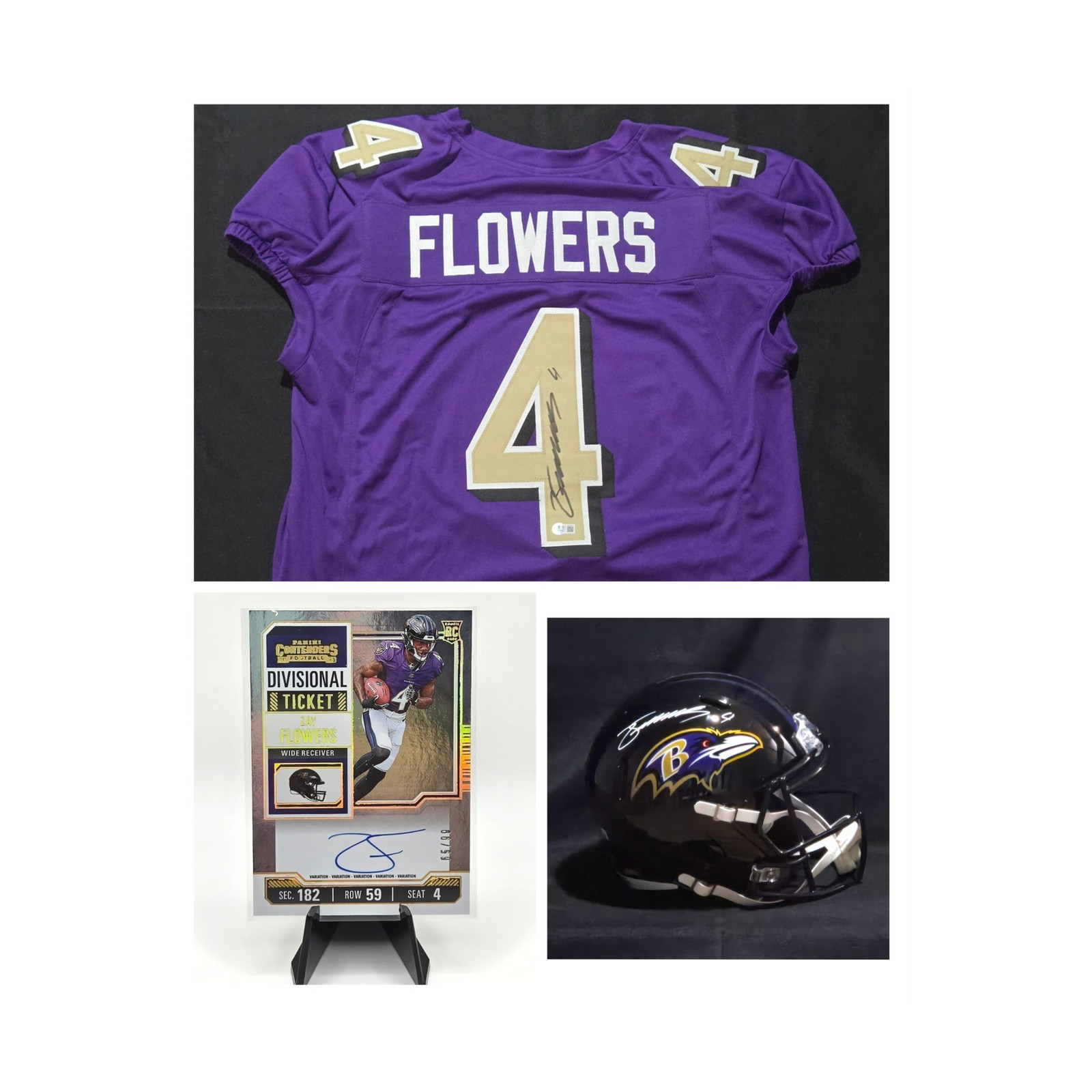 Zay Flowers Baltimore Ravens Signed Gold Jersey, FS Helmet & Ungraded Card