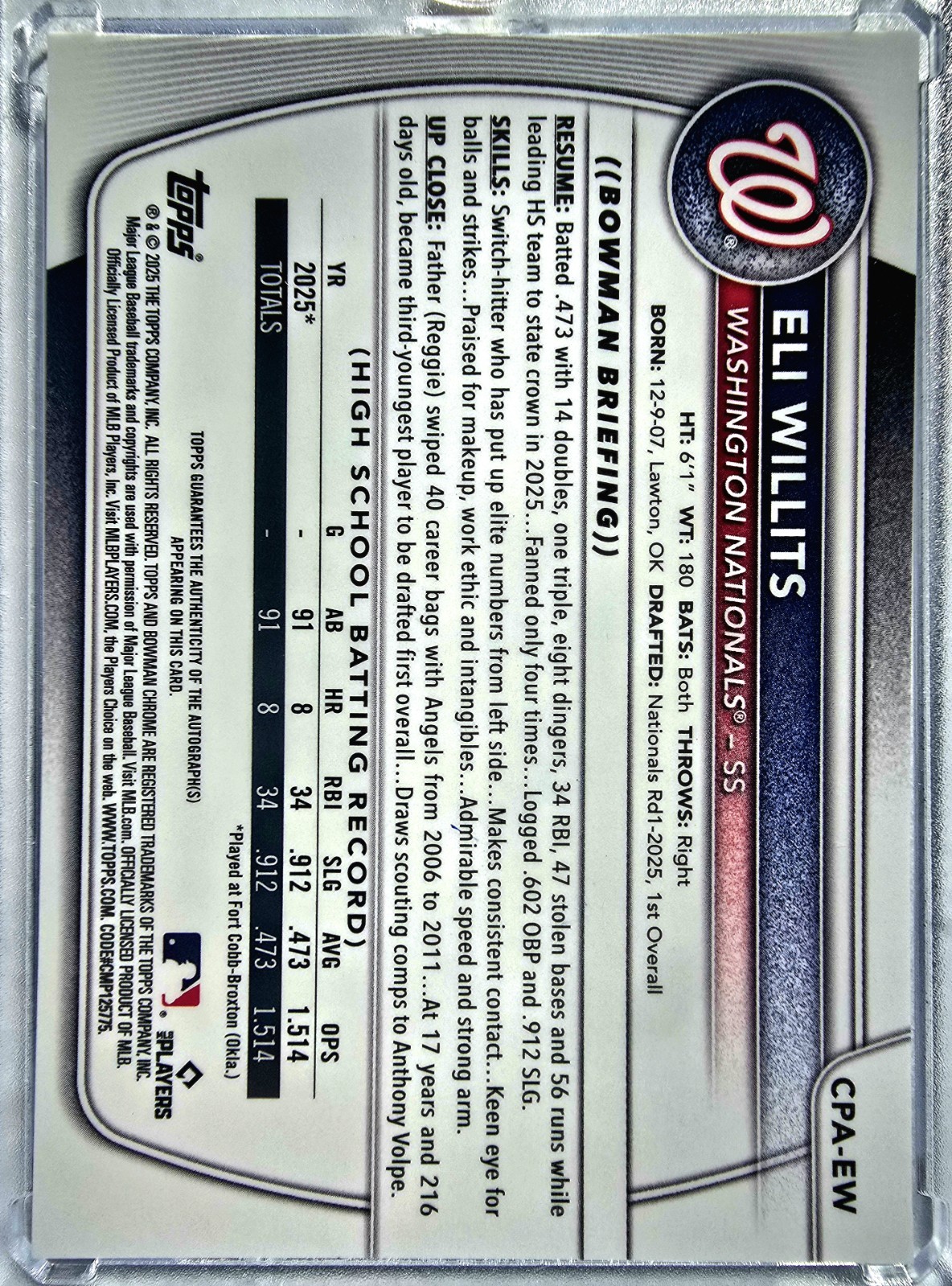 2025 Bowman Draft – Chrome Prospect Autographs Eli Willits #CPA-EW (AU, RC)