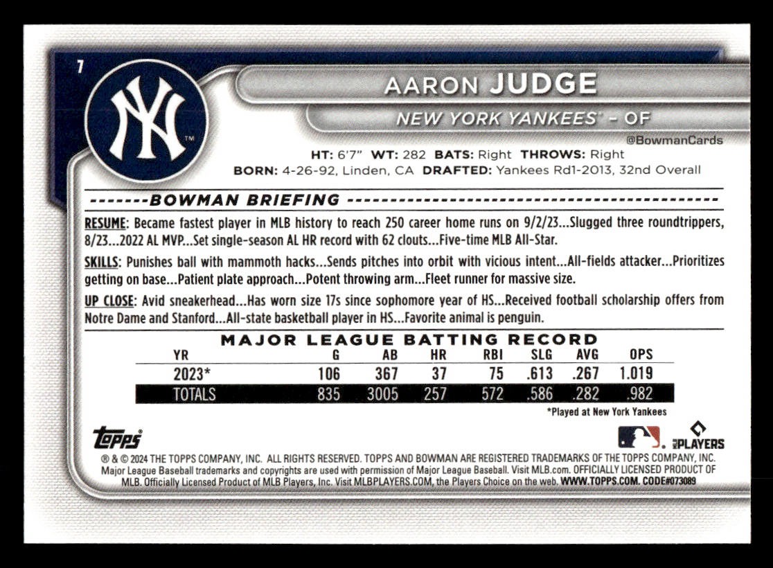 2024 Bowman #7 Aaron Judge Card New York Yankees