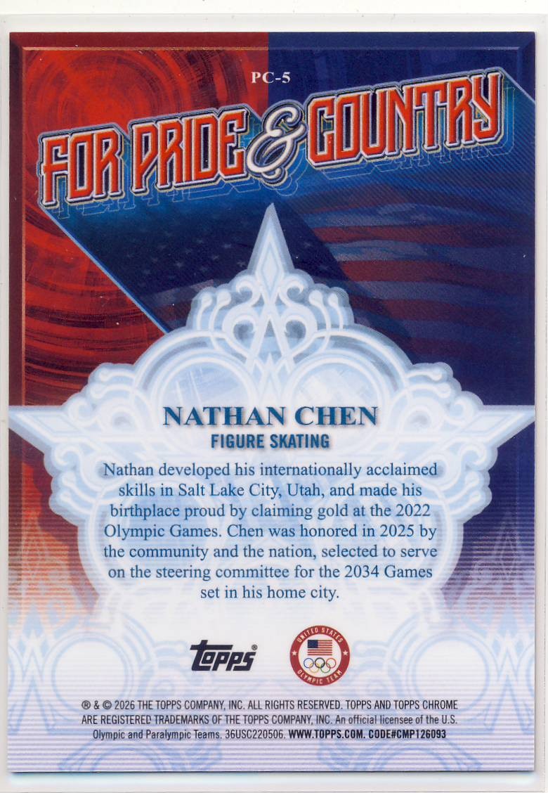 2026 Topps Chrome US Winter Olympics Gold Parallel PC-5 Nathan Chen 42/50