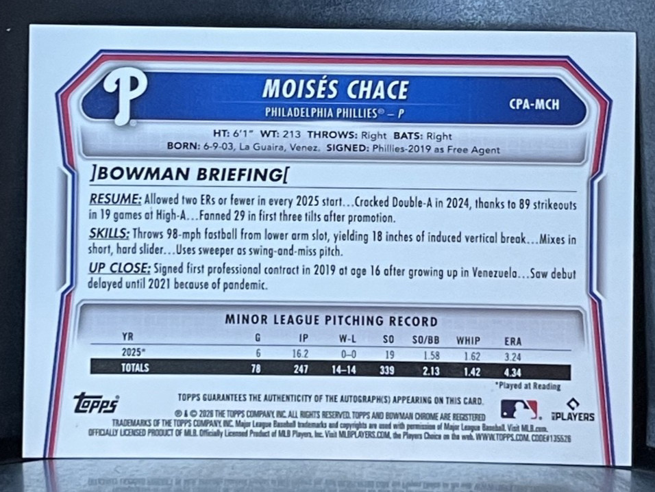2026 Bowman Moises Chace 1st Aqua Refractor AUTO #CPA-MCH Philadelphia Phillies