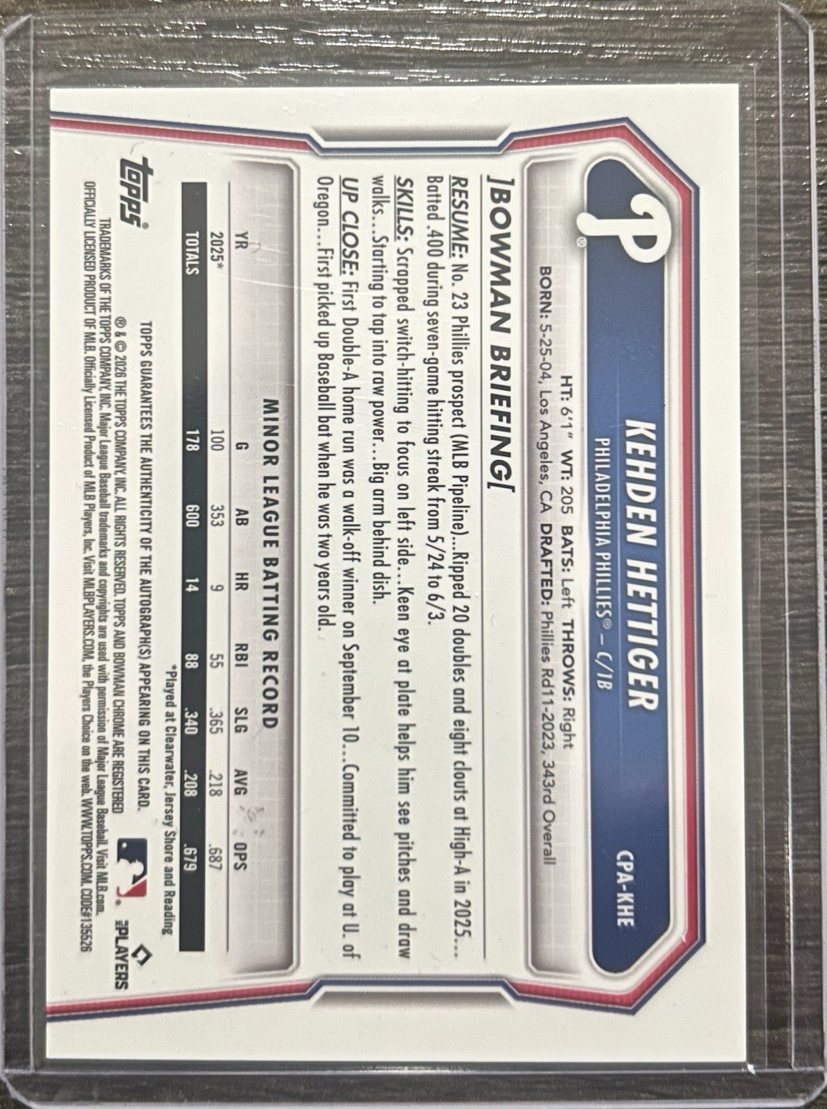 Kehden Hettiger 2026 Bowman Baseball #CPA-KHE 1st Bowman Orange Shimmer Auto /25