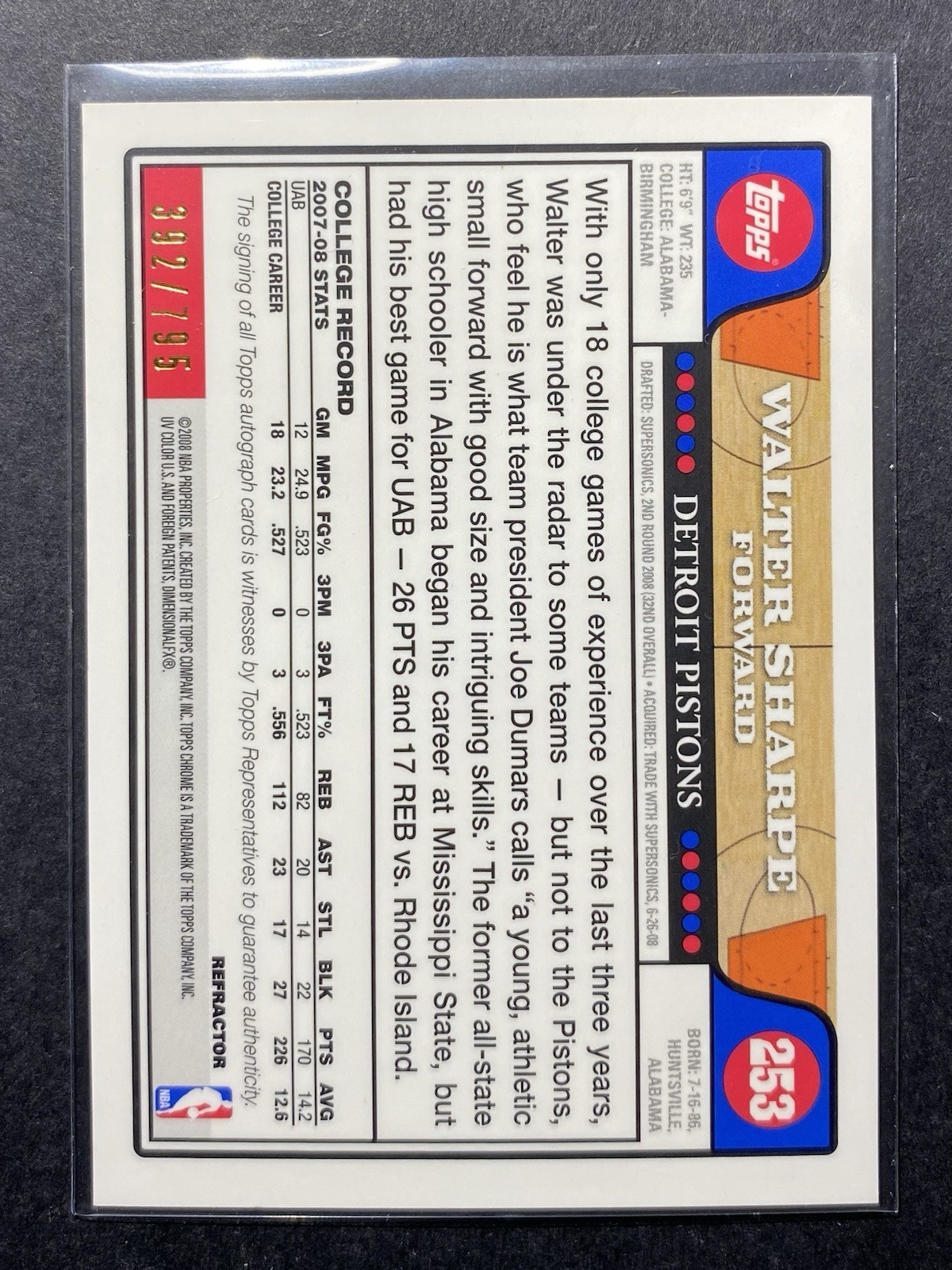 2008-09 Topps Chrome Refractor SP #d /795 Walter Sharpe #253 Rookie Auto RC