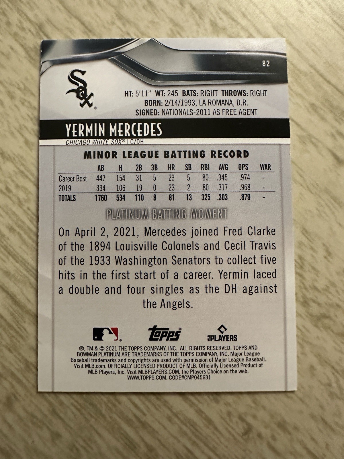 2021 Bowman Platinum Yermin Mercedes Green Refractor /99 Rookie RC #82